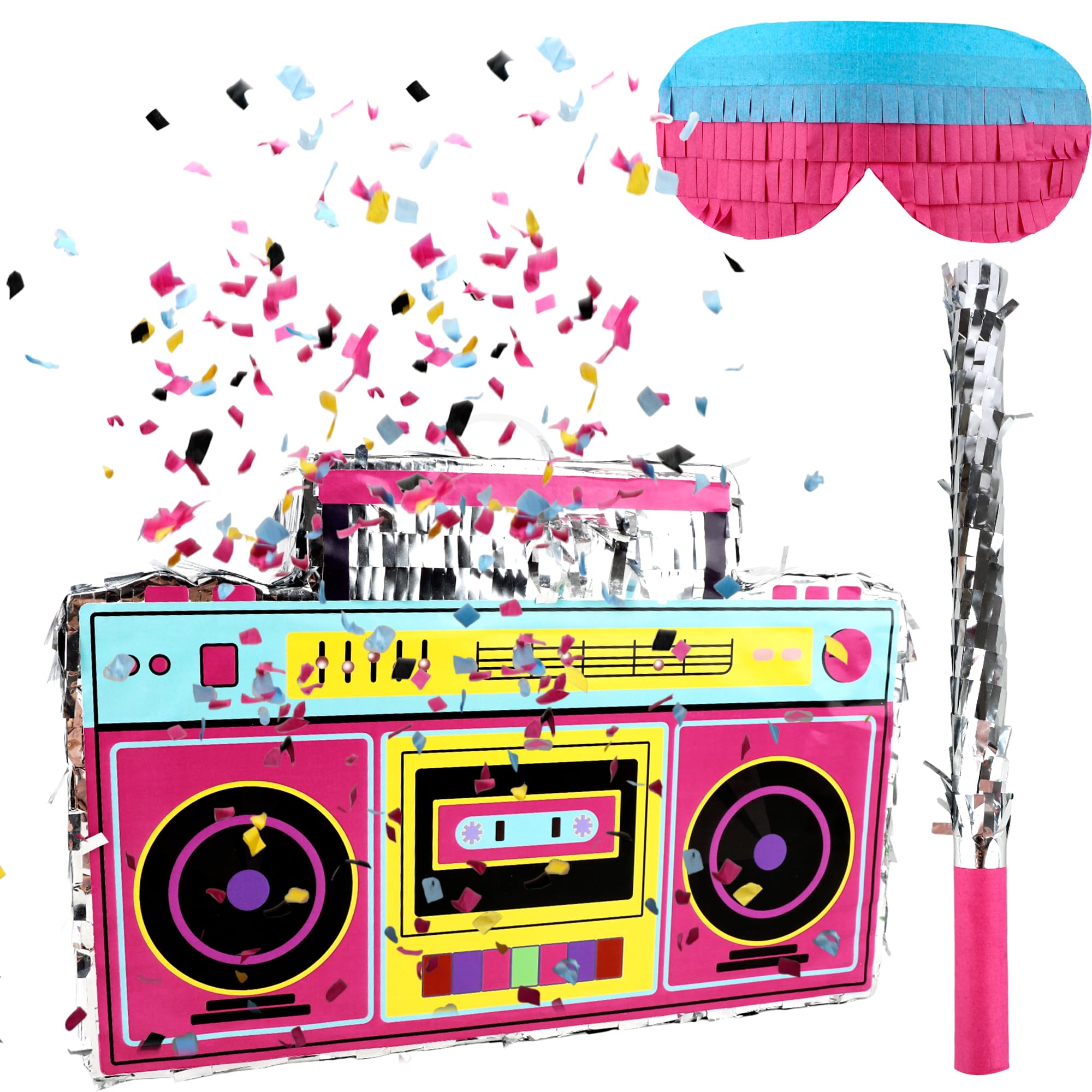 4 Pack 80s 90s Radio Boombox Set Includes Boombox for Pinata and Bat Stick Blindfold Colored Confetti for 80s 90s Nostalgia Hip Hop Theme Party Supplies