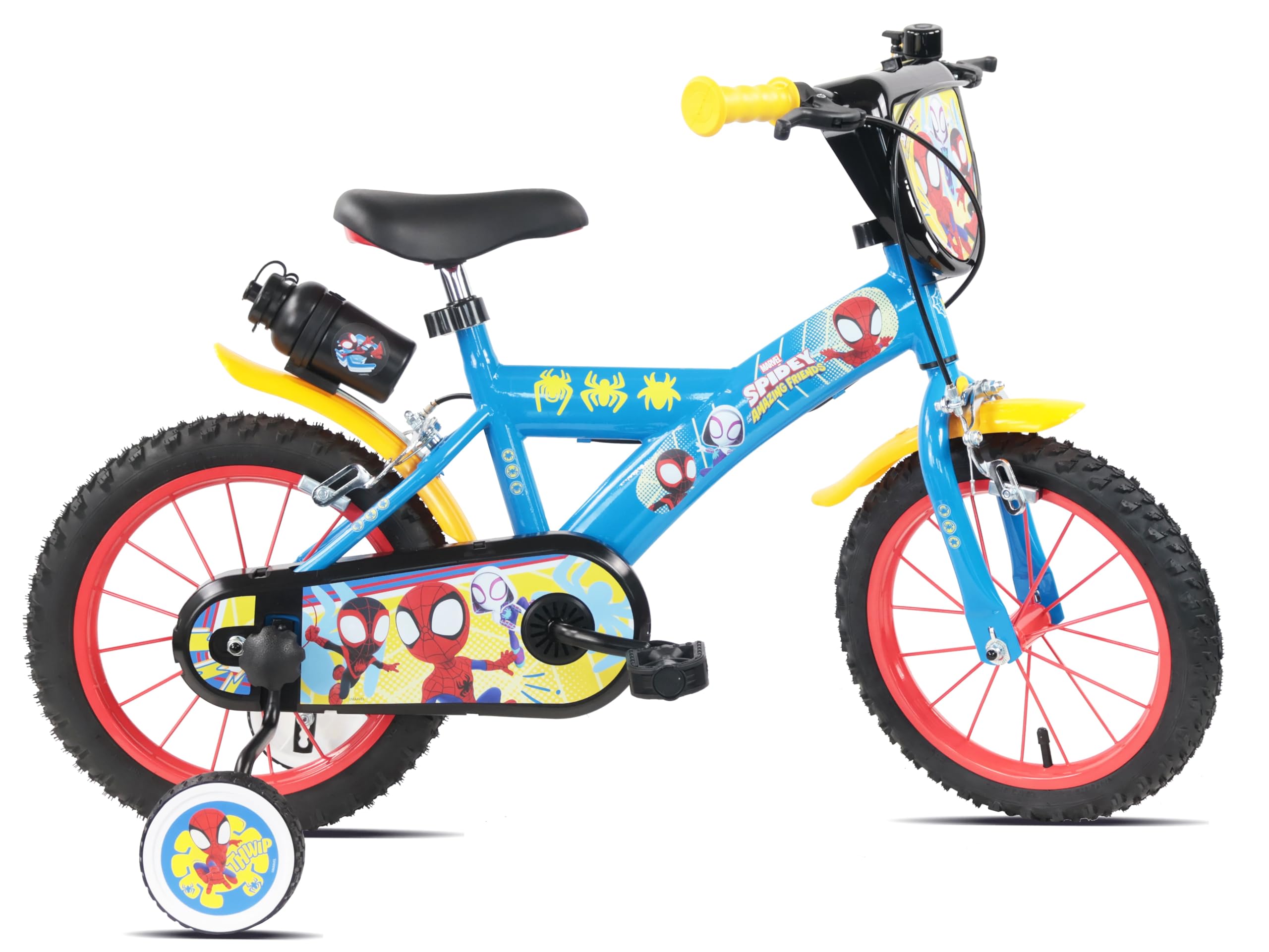Denver Bike Bicicletta Bambino 16 Pollici Licensed Spidey, 4-6 Anni, Rotelle Removibili, Freni Caliper Anteriore/Posteriore, Telaio Acciaio, Ruote Gonfiabili, Borraccia e Scudo