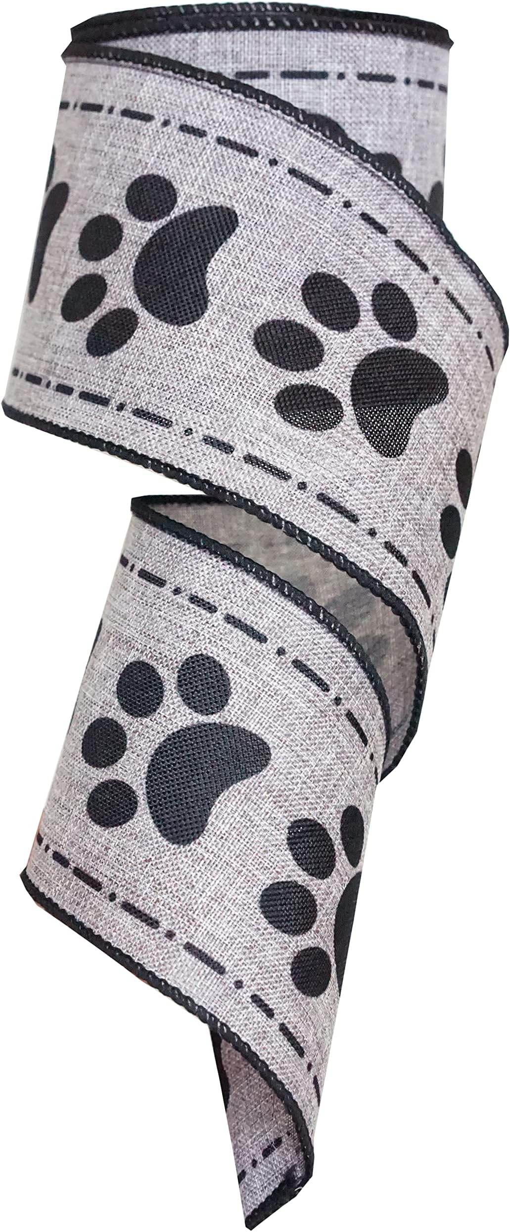 Dog Paw Print Wired Ribbon, Black and Grey Paw Ribbon with