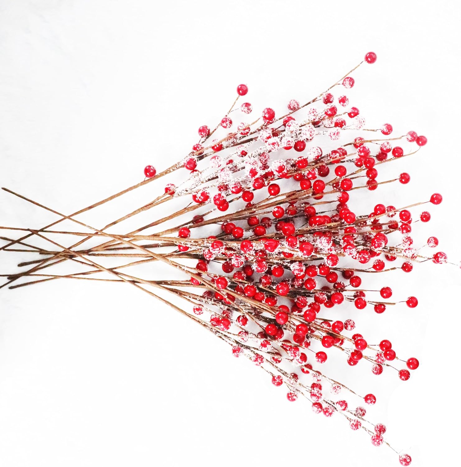 Fvawe 12 Pcs Artificial Snow Red Berry Stems 17 Inch, Christmas Snowy Red Frosted Holly Berries Picks Sprays Branches for DIY Winter Holiday Floral Decor