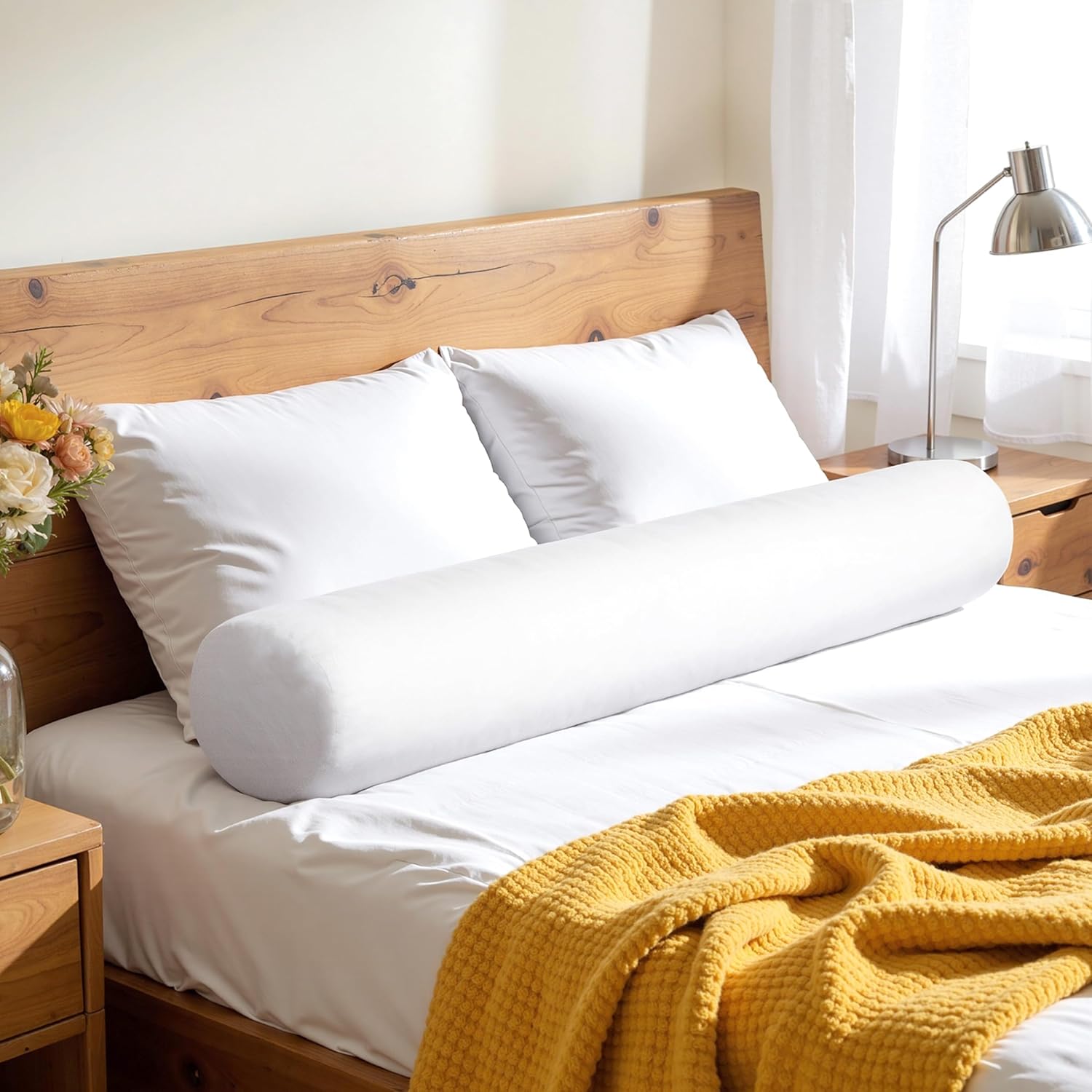 SyMax 7.8"x76" Body Pillow for King Bed, Long Round Body Pillow for Adults, Memory Foam Bolster w/Removable Velvet Cover, Headboard Gap Filler Pillow, White