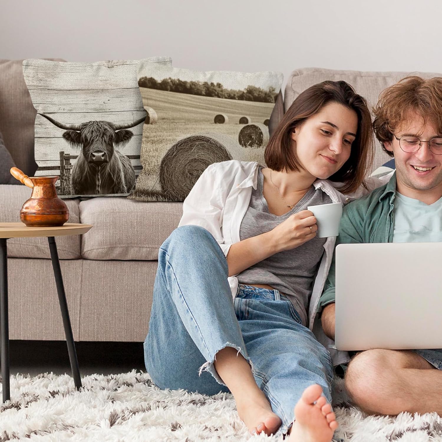 Highland Cow Farmhouse Throw Pillow Covers 18x18, Set of 4, Vintage Rustic Windmill Barn Cornfield Landscape Decorative Pillow Covers for Home