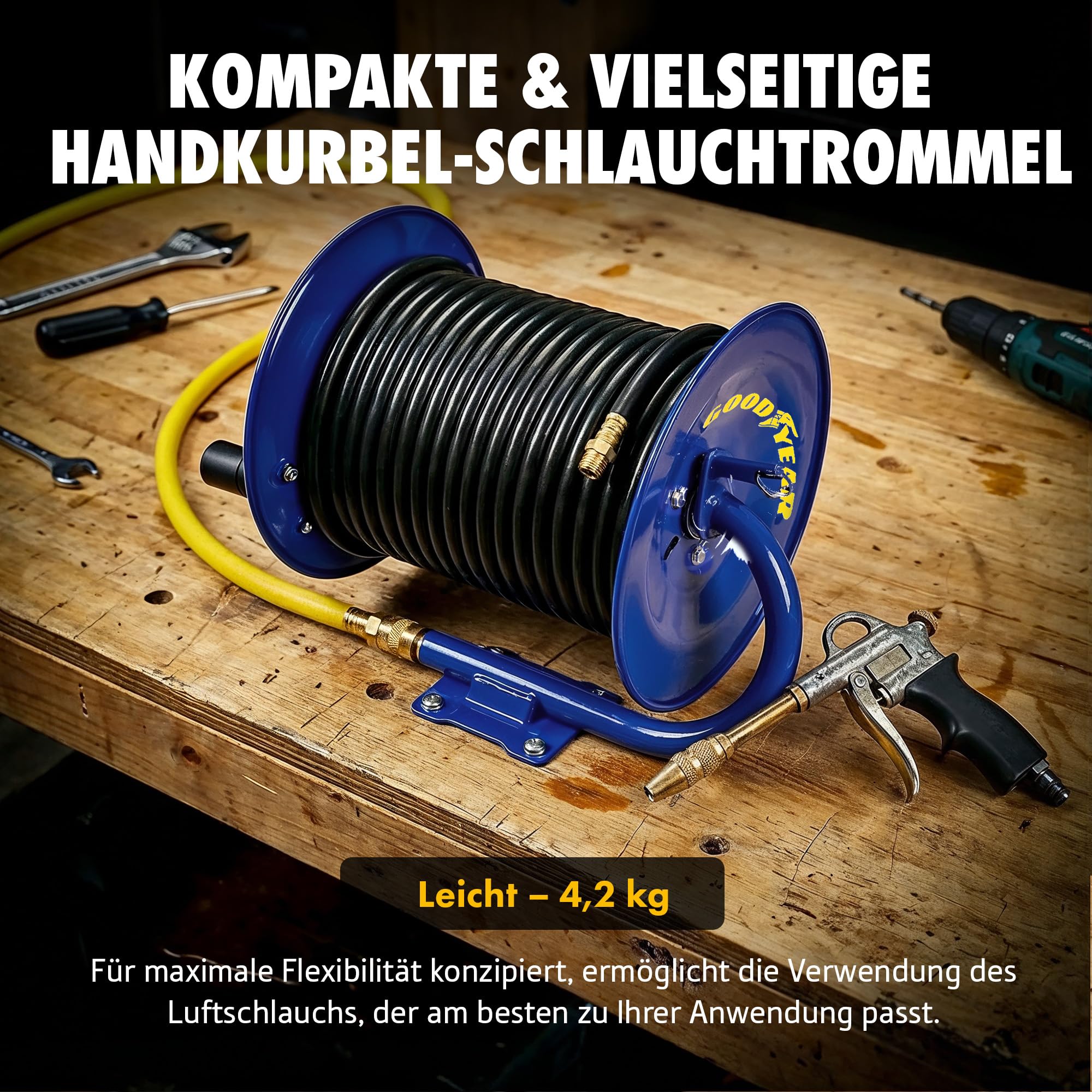 Goodyear Druckluft-Schlauchaufroller mit Handkurbel 30 m x 9,5 mm – Manuelle Schlauchtrommel aus Stahl, max. 20 Bar, Heavy Duty (Schlauch nicht enthalten)
