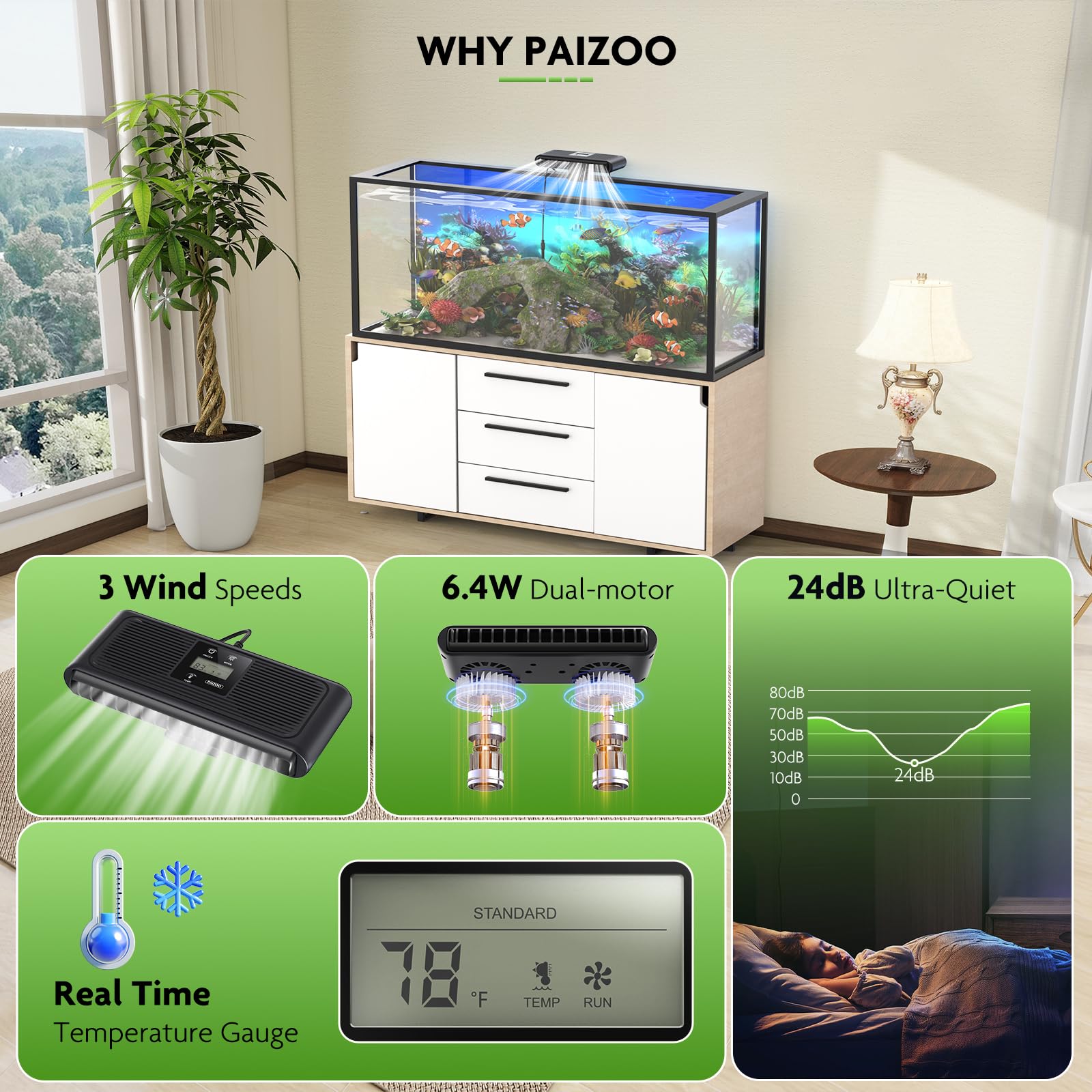 PAIZOO Ventilateur refroidisseur pour aquarium, contrôle automatique de la température, refroidisseur de bac à poissons, ventilateur d'aquarium avec sonde de température, écran LCD, 3 modes de vitesse