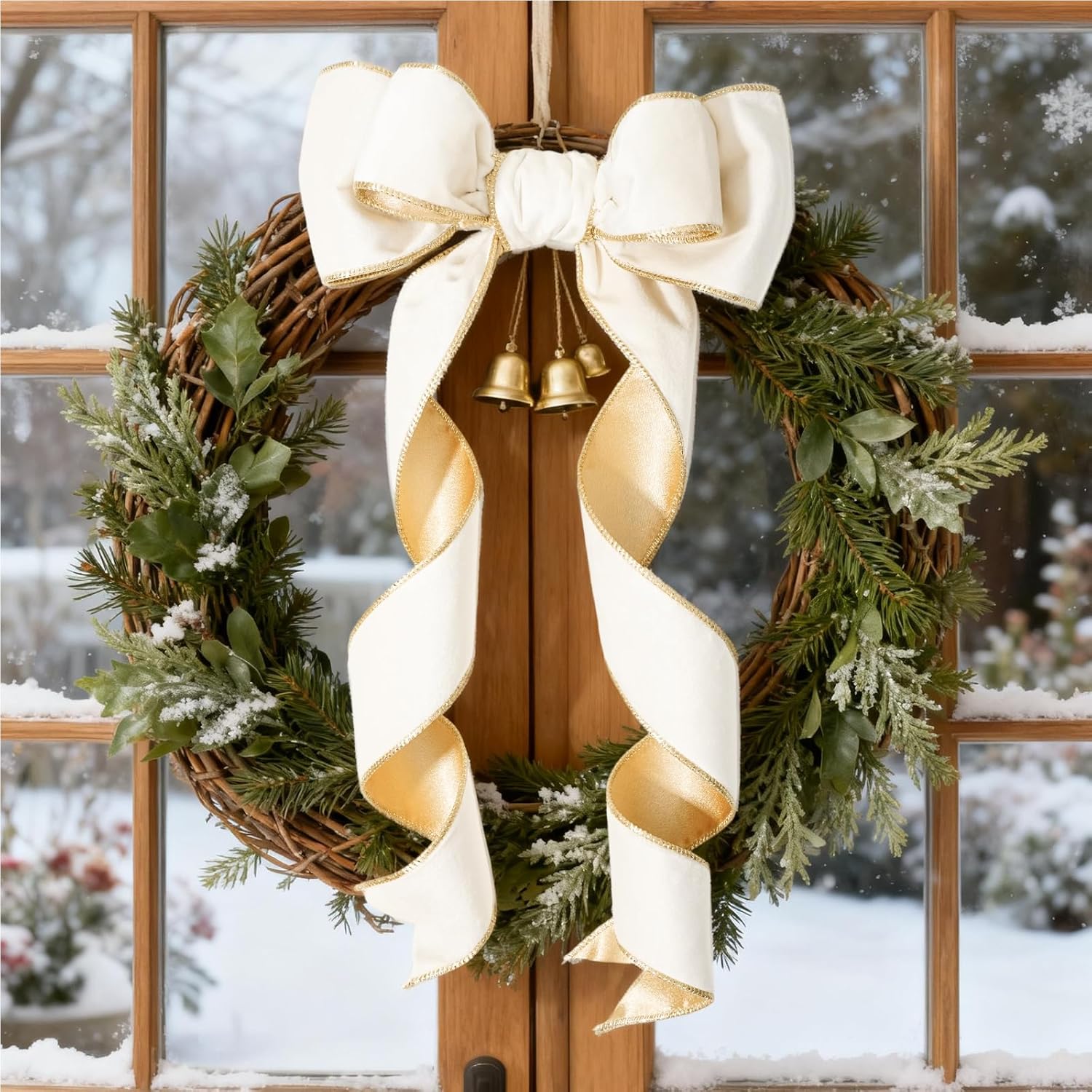 LaRibbons Ivory Gold Reversible Velvet Lurex Wired Ribbon, 4 Inch x 10 Yards Cream Ribbon for Gift Wrapping, Christmas Tree Decoration, Crafts Wreaths Supplies