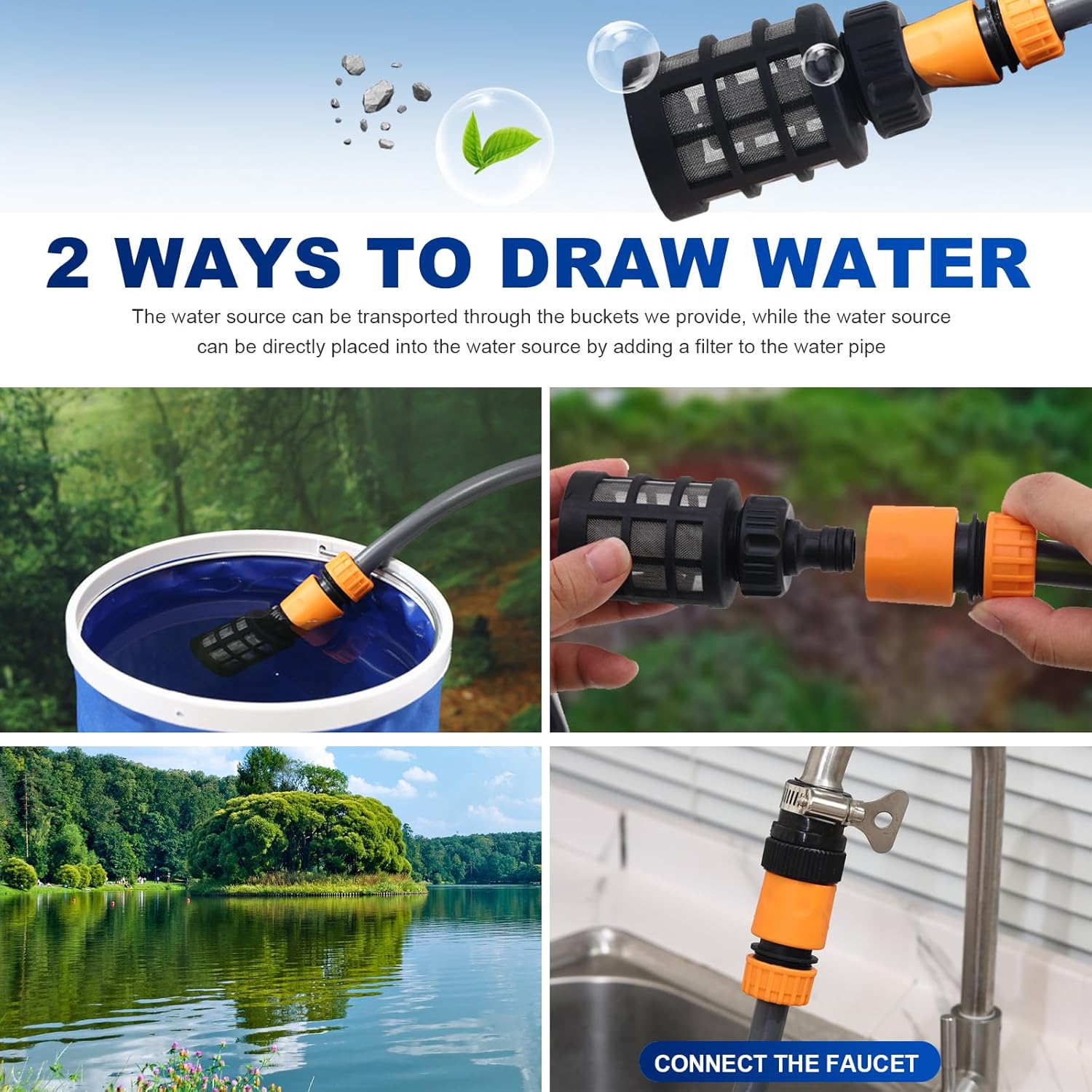 Two methods for drawing water for the pressure washer: from a bucket with a filter, or directly from a faucet