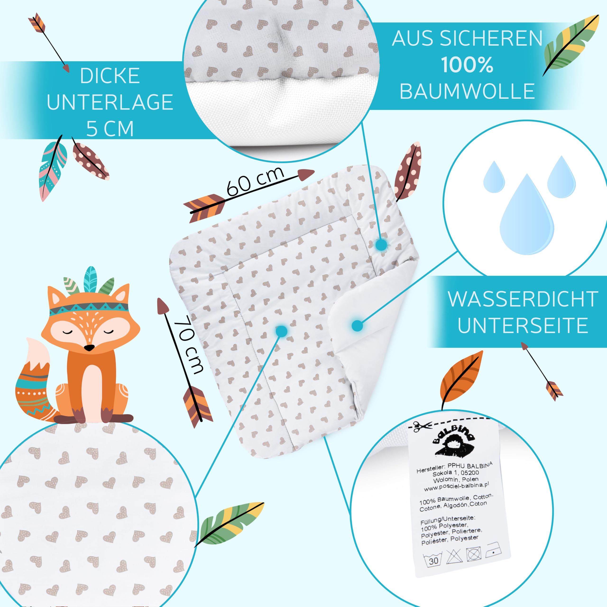 Balbina Matelas à langer, en coton, doux, lavable, 60 x 70 cm, motif cœurs, beige