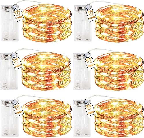 innotree Paquete de 6 tiras de luces LED que funcionan con pilas, con temporizador, 10 pies, 30 luces LED alimentadas por batería, alambre de cobre,