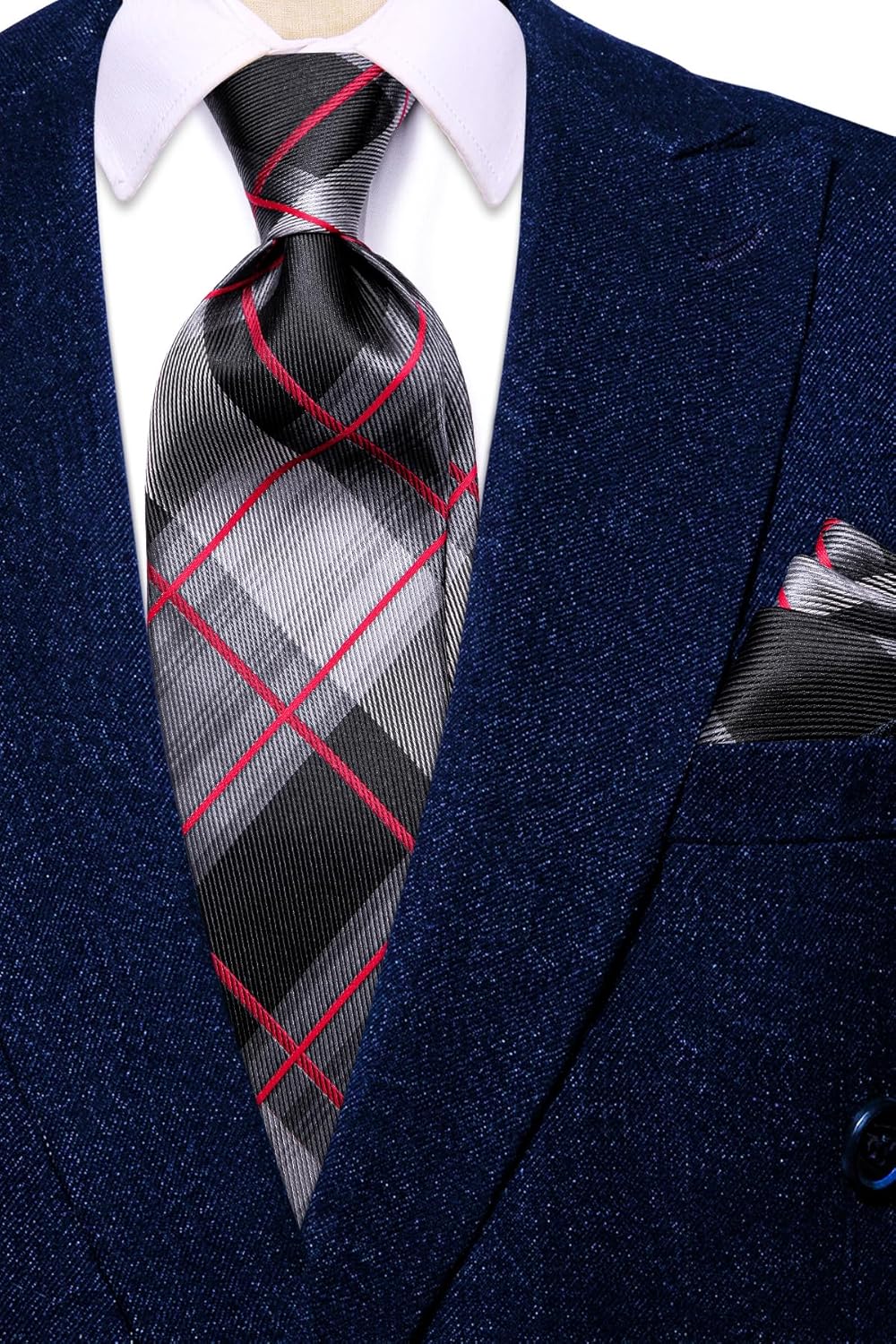 Hi-Tie Mens Plaid Ties Classic Paisley Necktie with Handkerchief Cufflinks Set Business Stripe Tie - Image 7