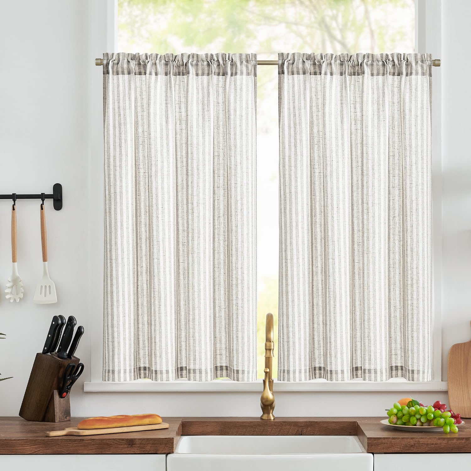 TOPICK Cafe Curtains 45 Inch Drop, Light Filtering Privacy Half Window Curtains, Rod Pocket Grey Striped Kitchen Curtain 2 Panels, Short Tiers for Bedroom, Living Room, Cupboard Base, W36 x L45