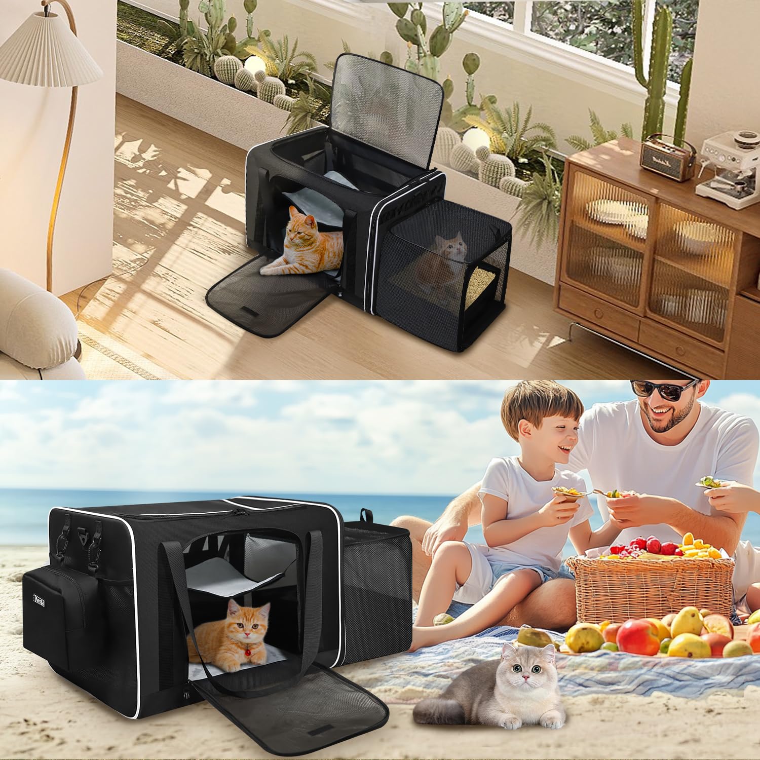 Petskd Große Haustier-Tragetasche, Tiertransporttasche, Tragetaschen für Katzen, 61 x 43,2 x 43,2 cm, für große Katzen, seitliche erweiterte Katzentrage mit Katzentoilette für Autoreisen, Schwarz
