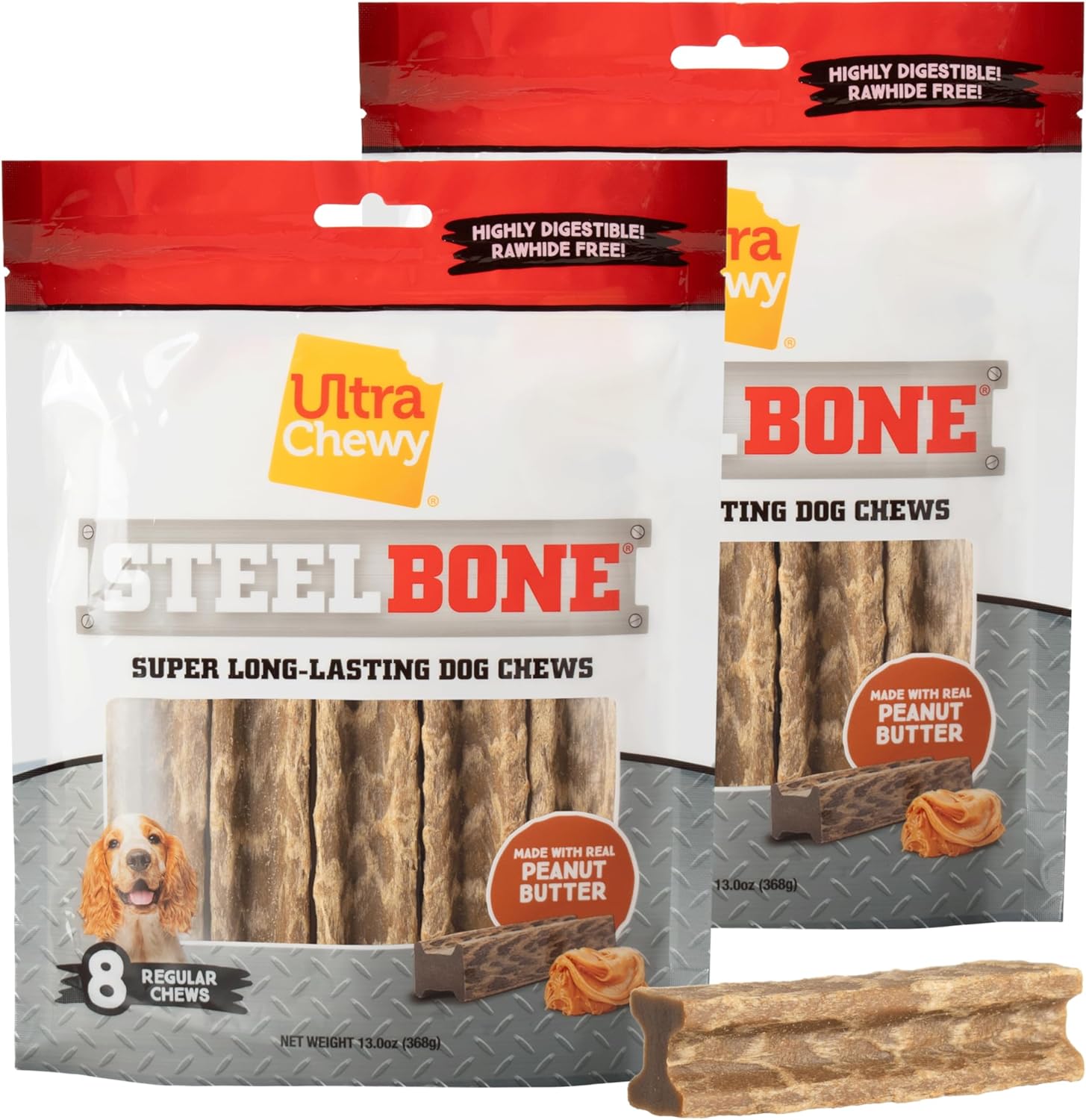Ultra Chewy Steel Bones Regular Size Peanut Butter Flavor - Super Long Lasting Dog Chews - Rawhide Free & Highly Digestible - Unique Shape Helps Clean Teeth - Ideal Dog Bones for Aggressive Chewers