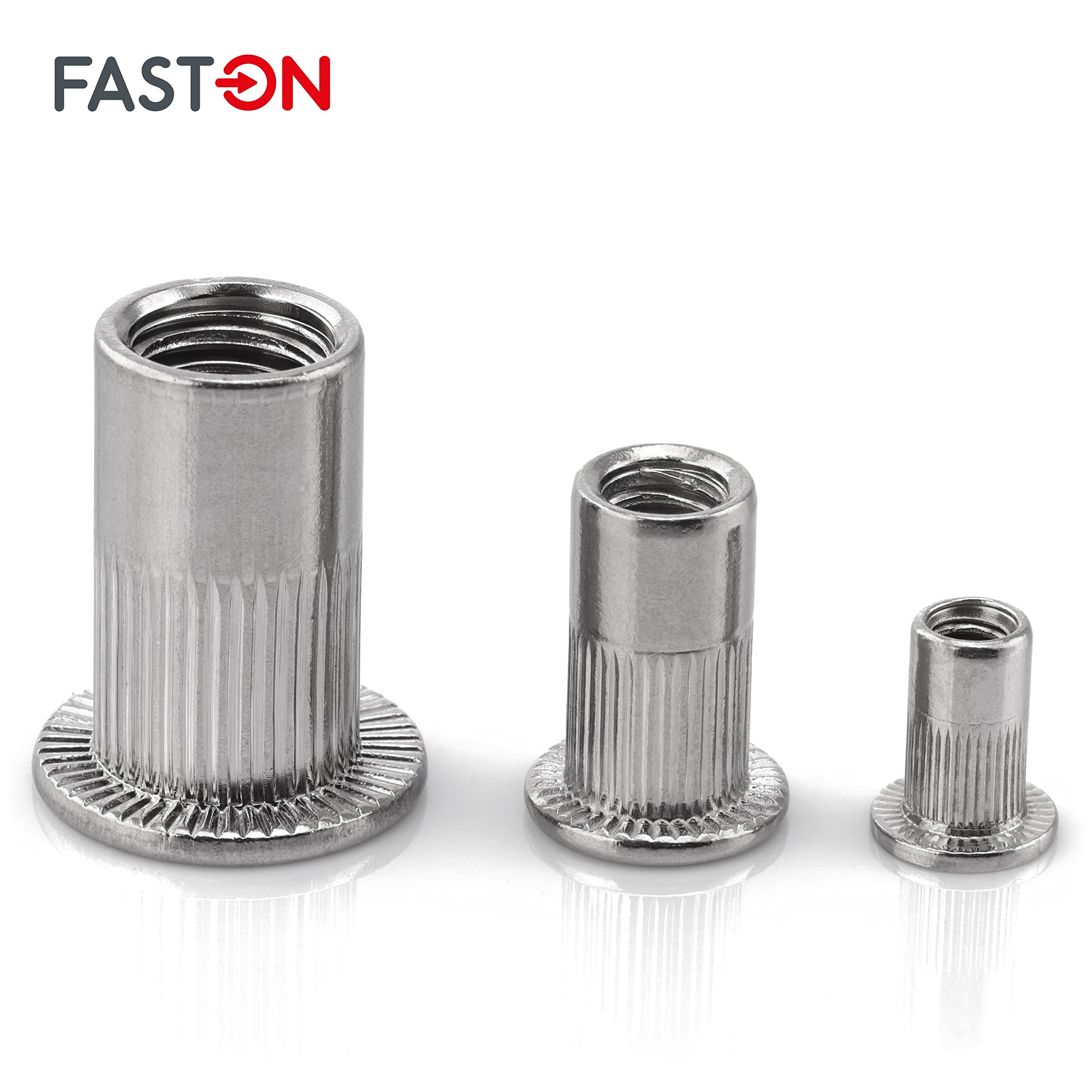 FASTON® Flachkopf Einnietmuttern Rundschaft M10x22 mm Edelstahl A2 V2A (50 Stück) Blindnietmutter Blindmuttern Rund Gewinde Offen Gerändelt Nietmuttern Gewindenieten