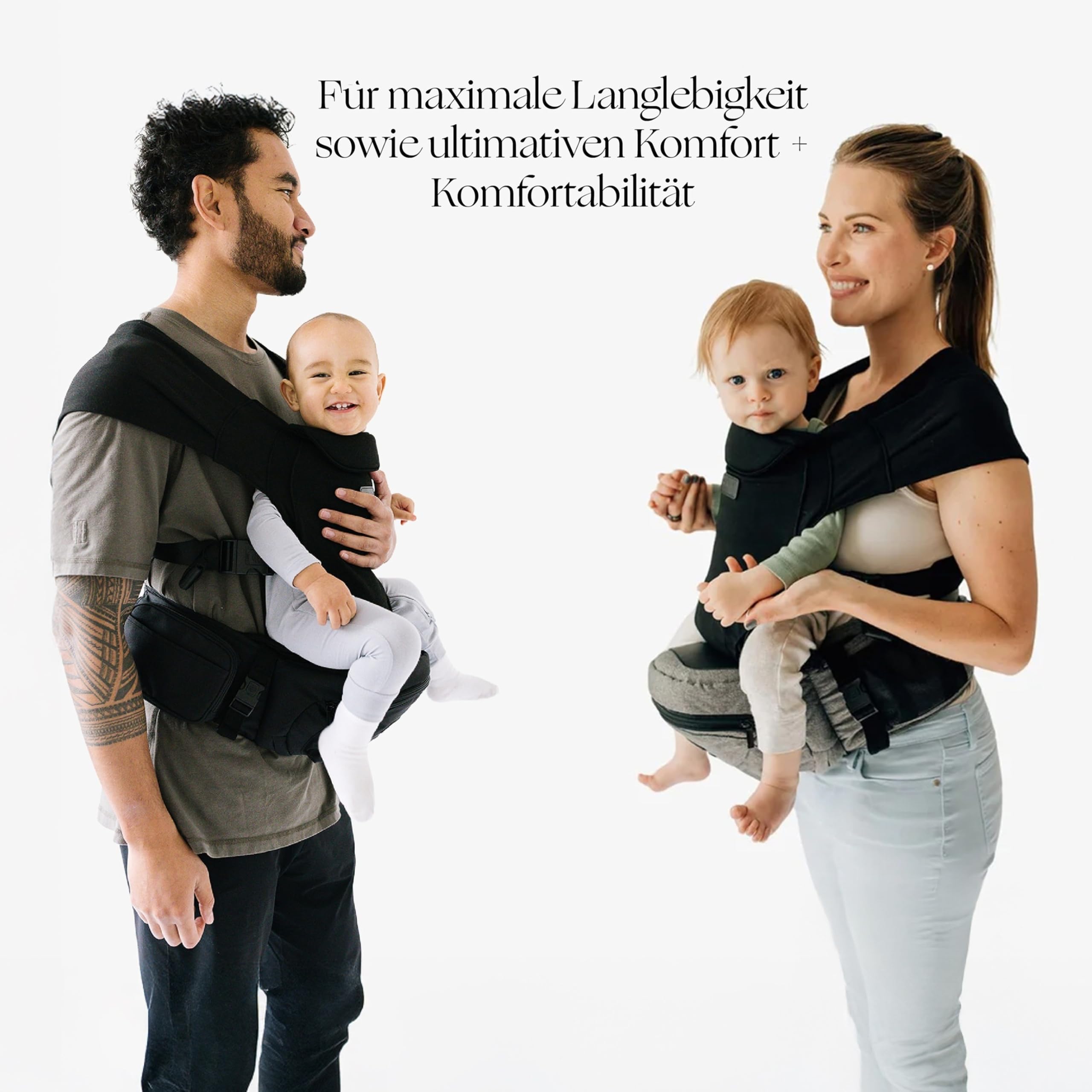 Tushbaby Hands Free Carrier Set | Hüftsitz Baby und Snug Trage | Kindertrage mit ergonomischem Baby Hüftsitz | Kindertrage Rucksack mit Stauraum | Für Kinder bis 20 kg | Schwarz