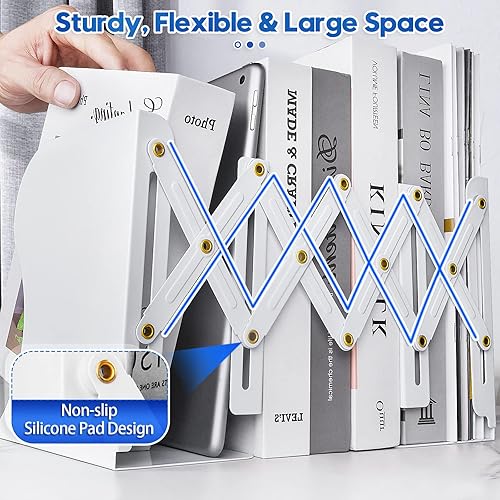 Miniatura 5 de 2 piezas de extremo de libro resistente para sostener libros, sujetalibros ajustables para estantes, organizador de libros blanco para escritorio,