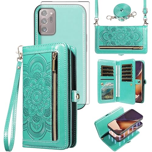 Phone Case for Samsung Galaxy Note 20 Ultra 5G Zipper Wallet Cell Cover with Screen Protector Wrist Strap Flower Card Holder Note20 Plus Notes 20Ultra Note20+ U + 20+ Twenty Not S20 Women Men Green