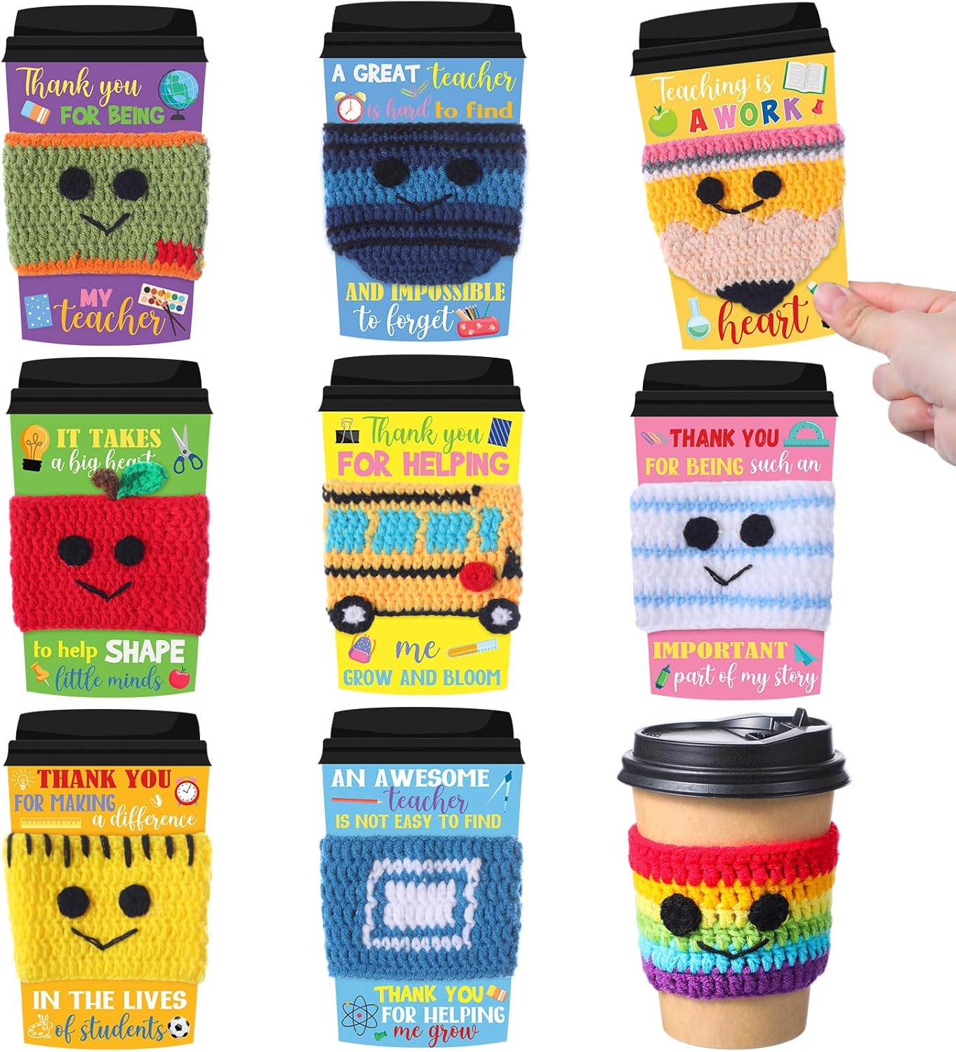 Potchen 9 Sets Teacher Appreciation Gifts Crochet Coffee Mug Cozy Teacher Gifts Bulk Holiday Cup Sleeves with Thank You Cards for School Office Back to School Graduation Party Favors Goodie Bag Filler