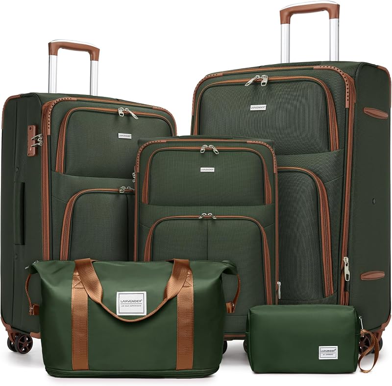 Luggage Sets 5 Piece Softside Expandable Suitcase Sets, Green
