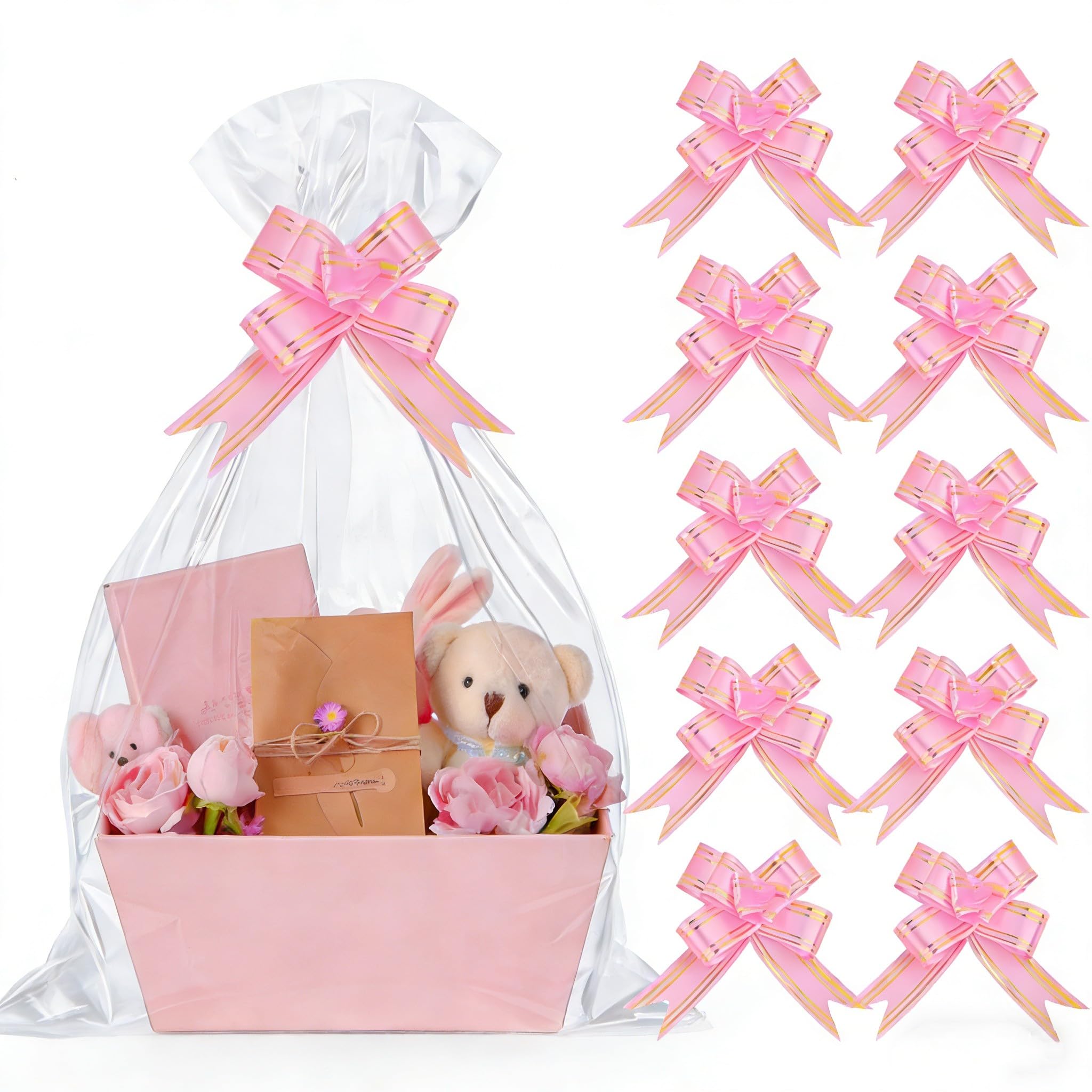 10Pcs Large Clear Cellophane Bags With Pink Bow, Cellophane Wrap For Hampers, Hamper Wrapping Cellophane Gift Bags, Ideal For Birthday, Wedding, Graduation, Party Favors, Mother's Day And Anniversary