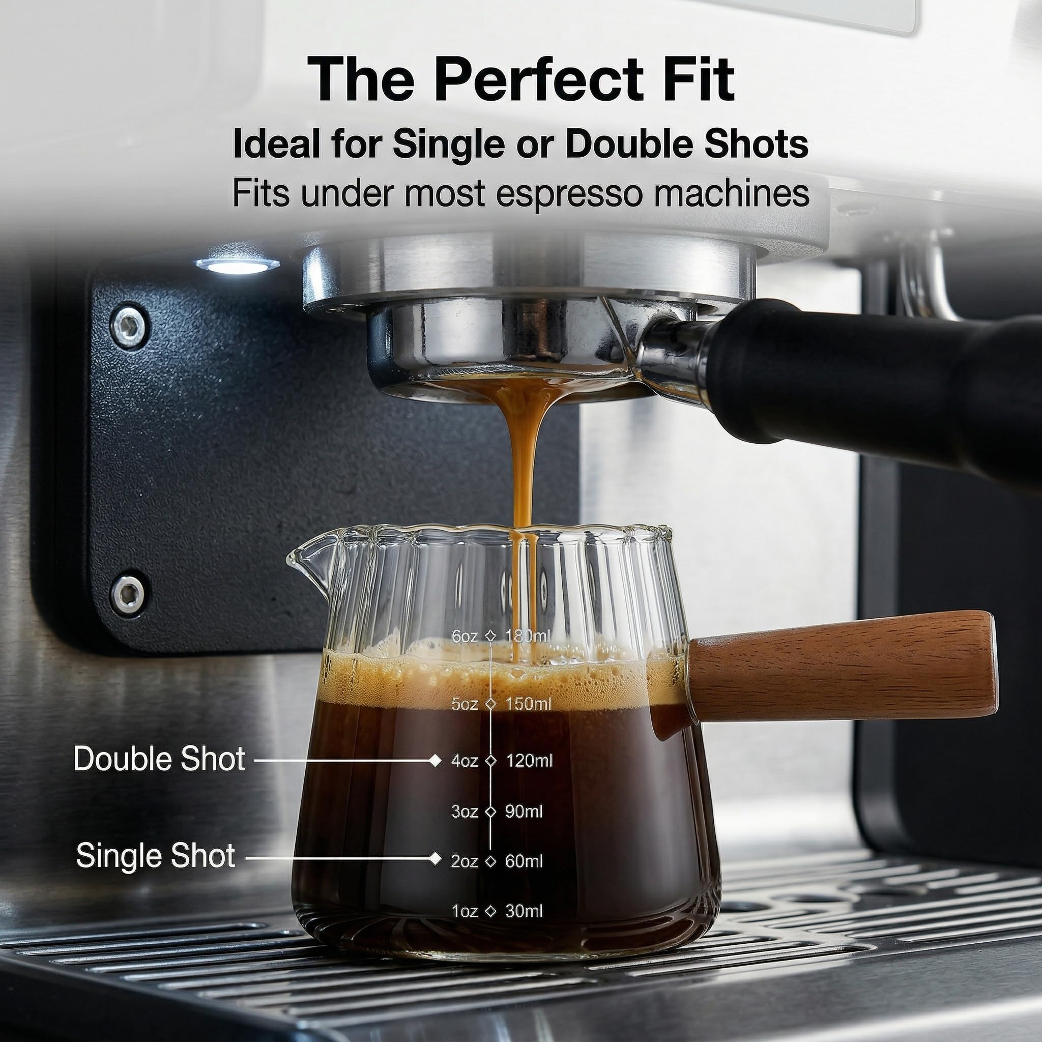 6 oz Espresso Cups With Wood Handle, Espresso Accessories, Ribbed Milk Frothing Pitcher, Glass Measuring Cup, Shot Glass with V-Shaped Mouth, Coffee Bar Epresso Shots Cup