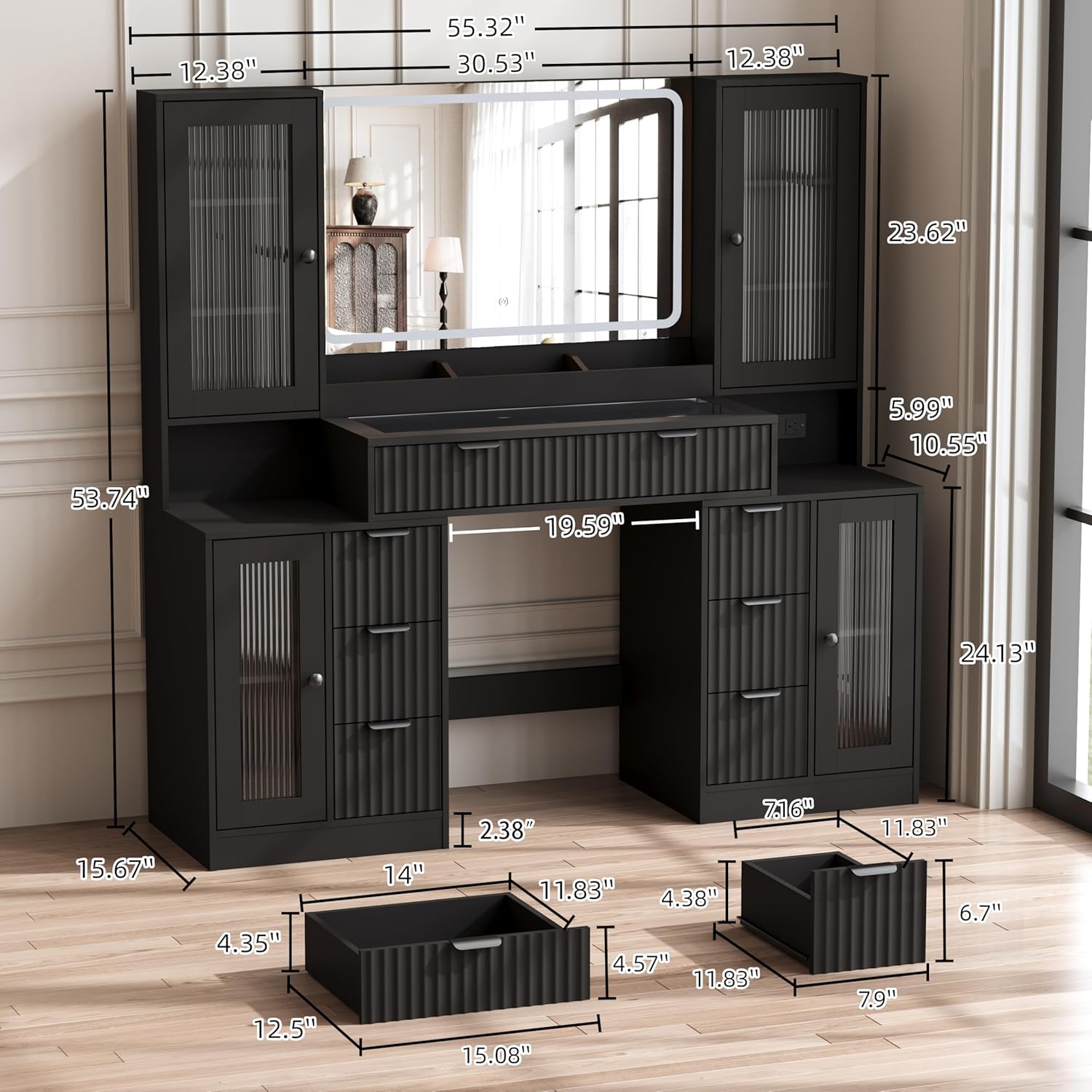 55" Vanity Desk with Mirror & Lights, Fluted Makeup Vanity with 8 Drawers & 4 Cabinets, Tempered Glass Top, RGB Cabinet Lighting, 3-Color Dimmable Mirror, and Charging Station (Matte Black)