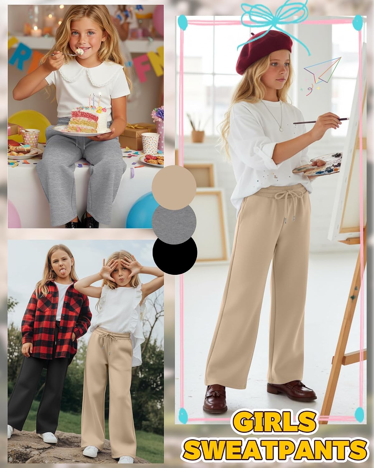 Oakgarden 3 Pack Girls' Pants Wide Leg Sweatpants | Baggy Casual Pants, Teen Girls Athletic Joggers, Loose, Go to School, 5-14 Years, Yoga, Drawstring, with Pockets, Lightweight