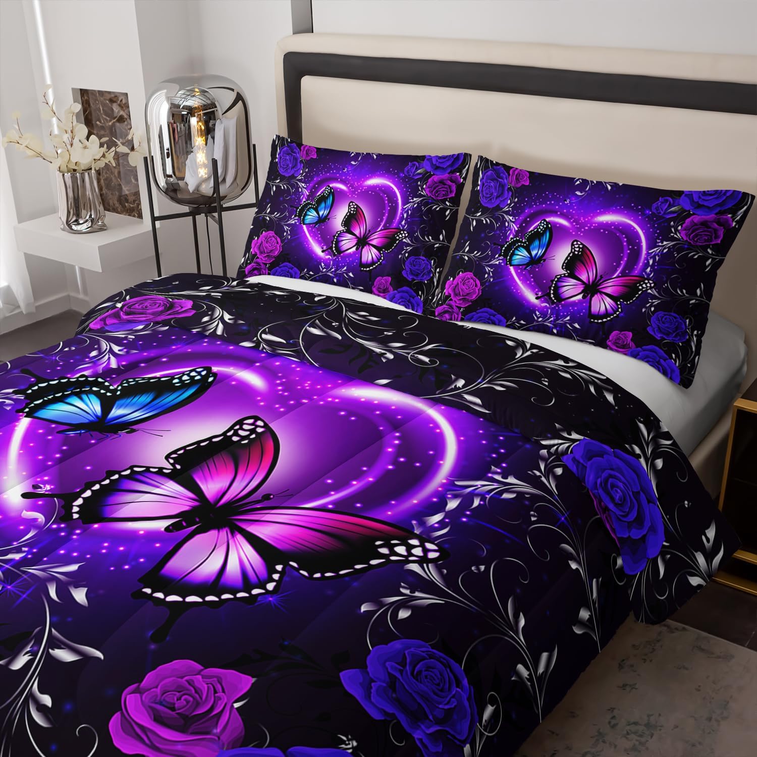 Butterfly Comforter Set for Queen, Dreamy Purple Butterfly Bedding Set with Black & Purple Comforter - Image 6