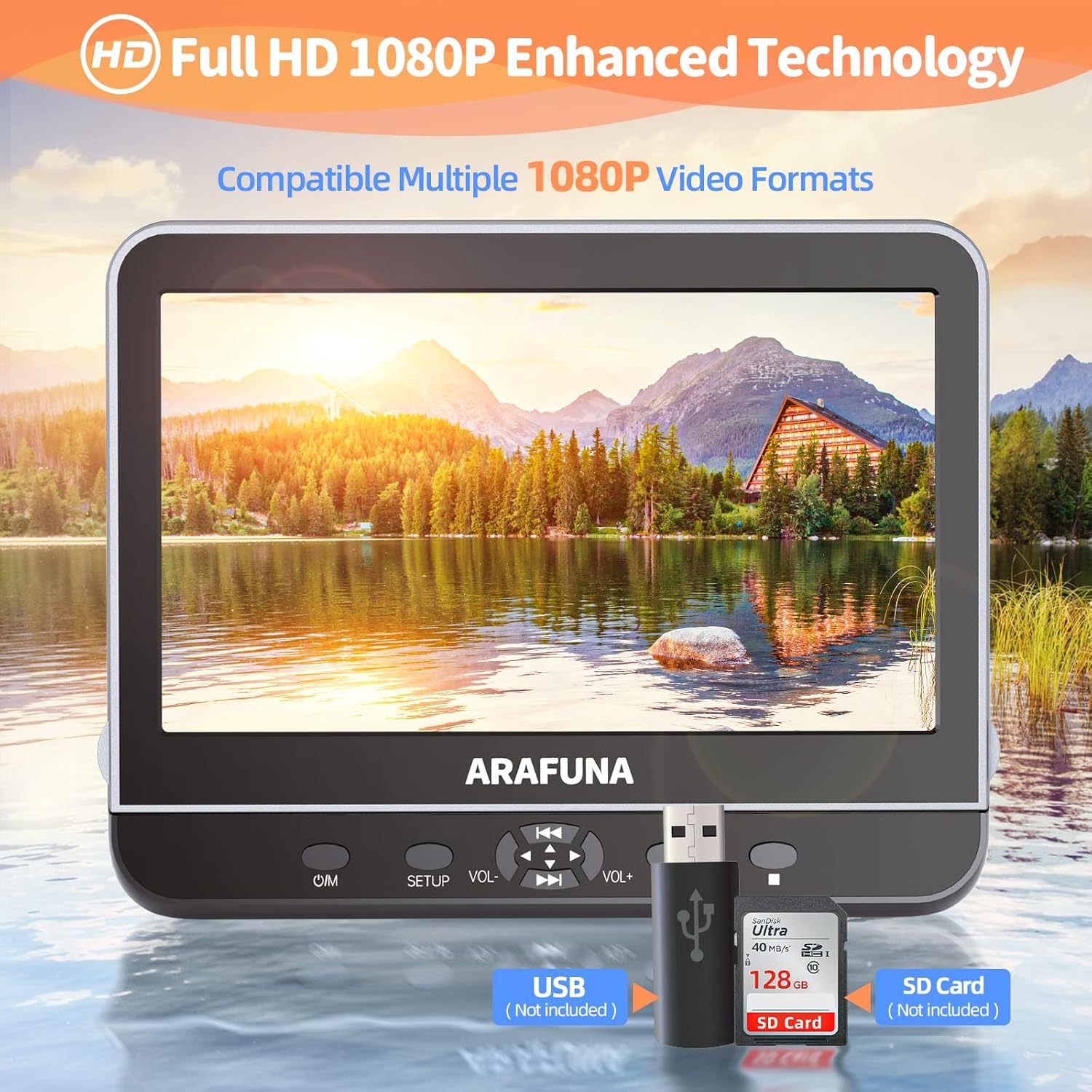 Car DVD Player with Headrest Mount, Arafuna Headrest DVD Player for Car with Headphone,Support HDMI Input, 1080P Video, USB/SD, AV in/Out, Last Memory&Region Free