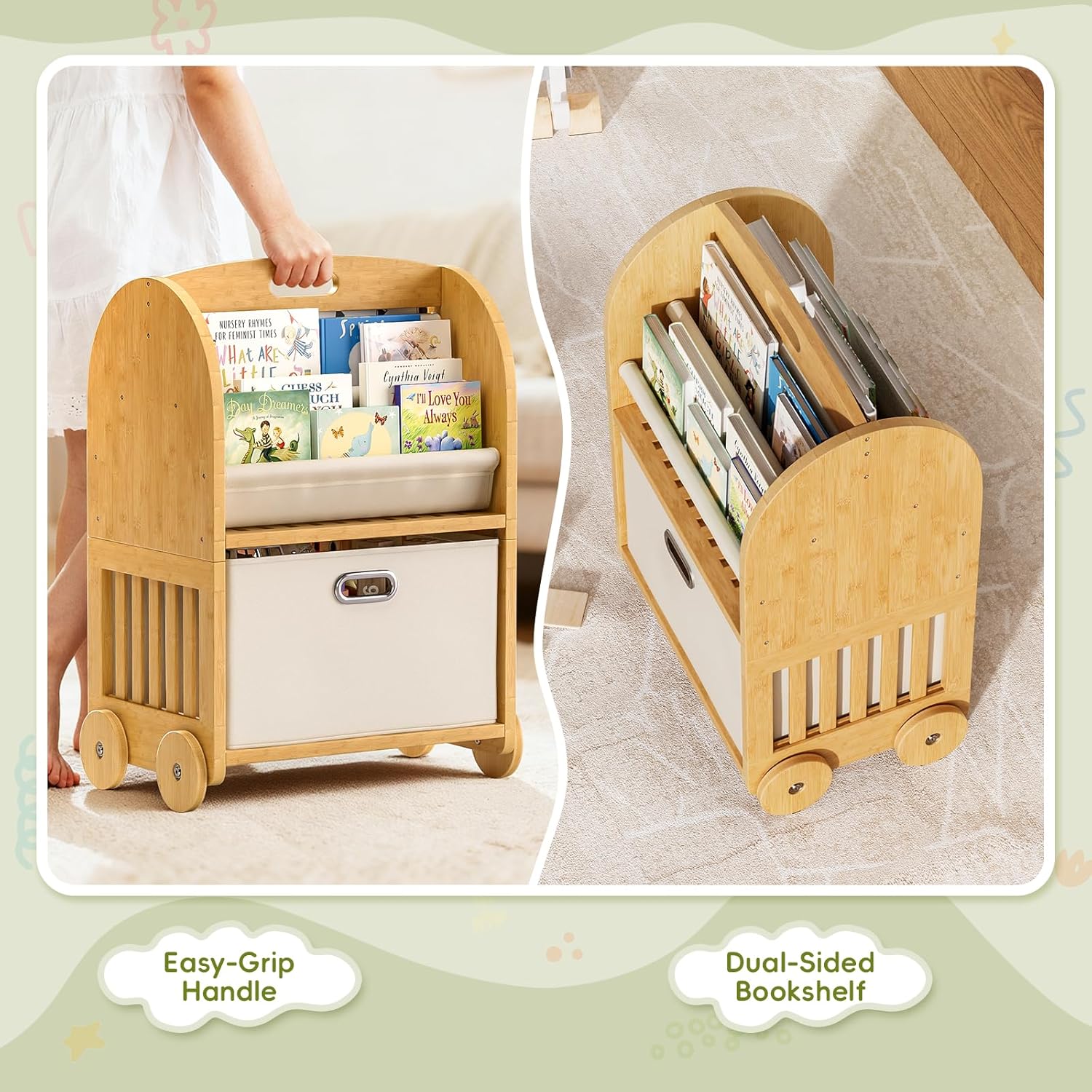2-Sided, 3-Tier Bamboo Kids Bookshelf, Montessori Shelf with Safe Wheels and Large Storage Drawer, Toddler Bookcase Nursery Book Shelves and Toy Storage for Baby Rooms Playroom Kindergarten