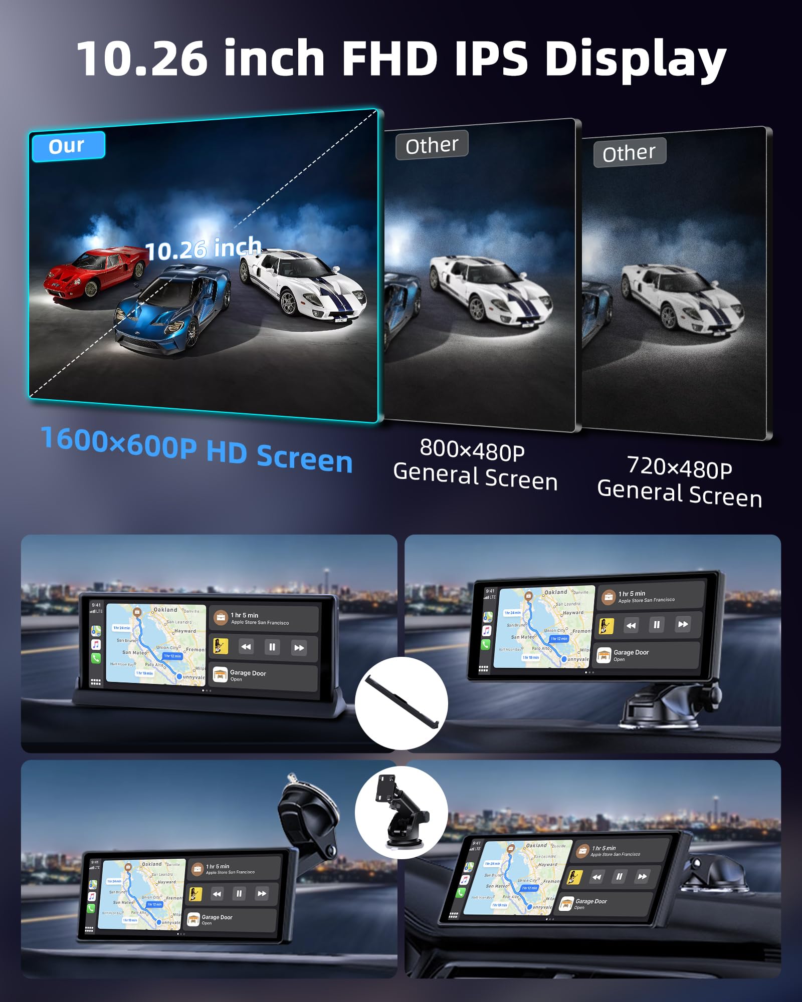 2026 Unique Schermo Carplay Android Auto Display con Supporto di Base, 10,26 Pollici Schermo Auto Carplay con Aggiornamento OTA Super link, GPS Navigation Siri/GoO.gle