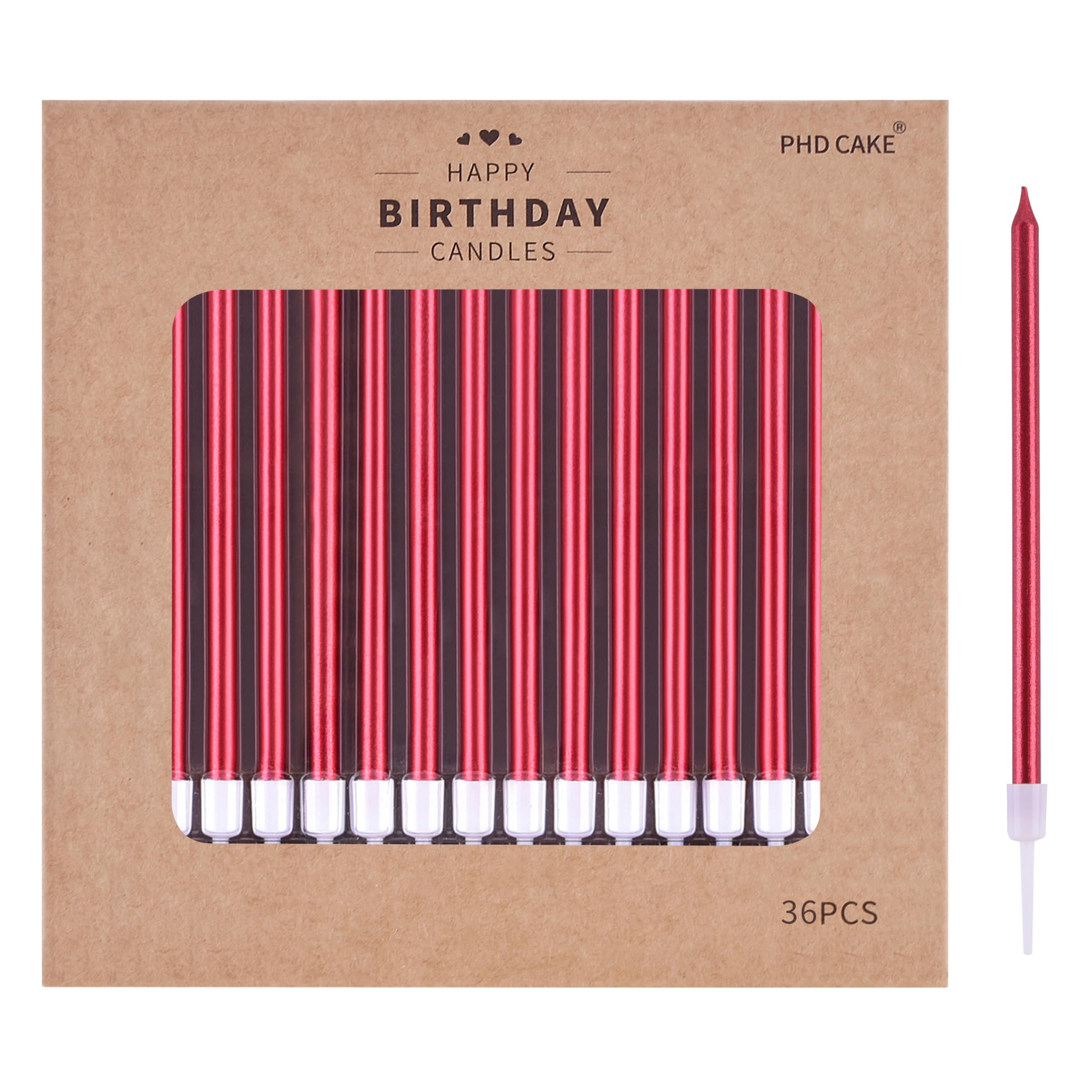PHD CAKE 36-Count Red Long Thin Metallic Birthday Candles, Cake Candles, Birthday Parties, Wedding Decorations, Party Candles, Cake Decorations