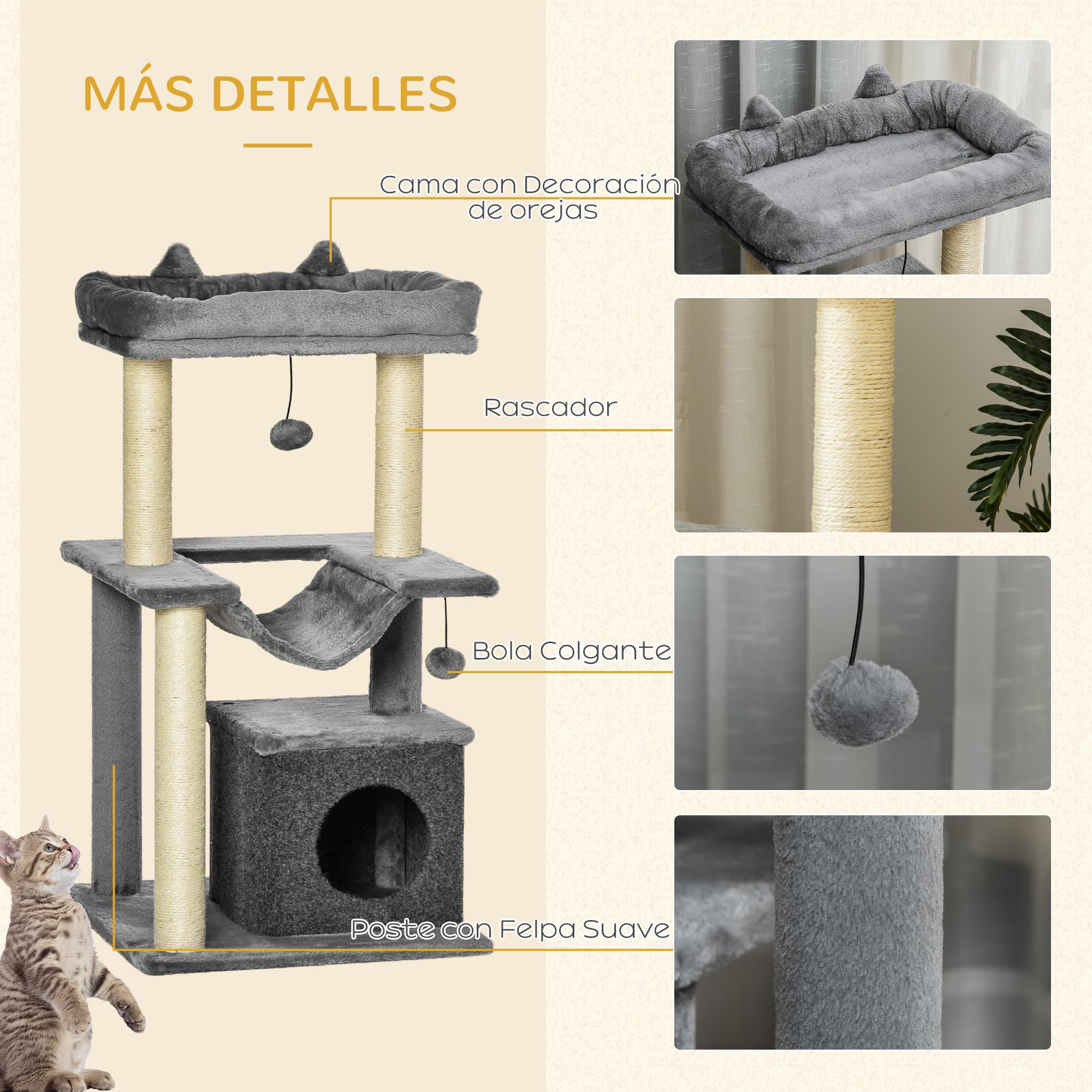 PawHut Árbol Rascador para Gatos Altura 90 cm 3 Niveles 48x48x90 cm Gris | Árbol para Gatos, Torre, Nido, Hamaca, Plataforma, Bolas Colgantes, Poste de Sisal