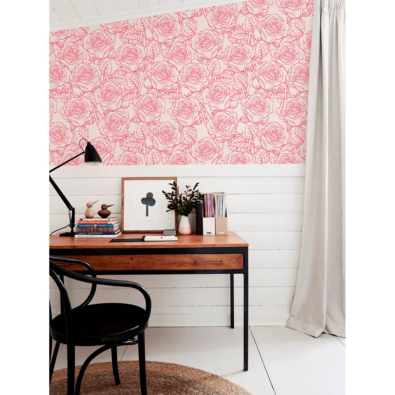 Papier peint panoramique 312x219 cm en latex - Croquis Roses Doodle Vintage pour chambre