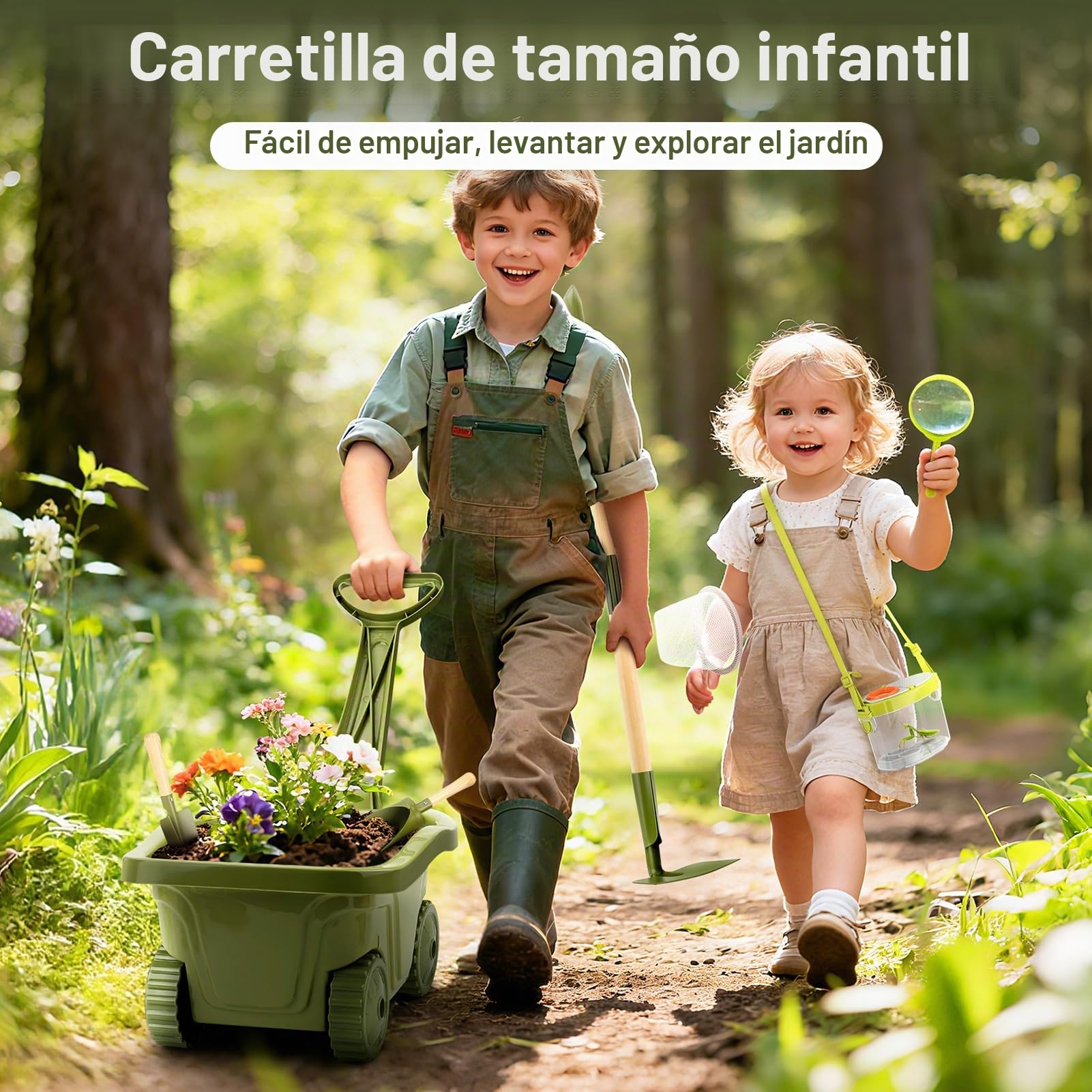 Dreamon 17PCS Carretilla Niño Set Jardinería y Exploración | Herramientas Jardinería Infantil + Kit Explorador Niños con Caja Insectos, Red, Lupa | Juguetes Jardín Educativos Exterior 3+ Años