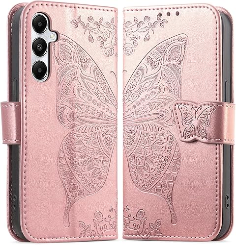 Funda tipo cartera para Galaxy A14 5G (estampado de mariposas y flores) de cuero, con ranuras para tarjetas y función atril para Samsung Galaxy A14