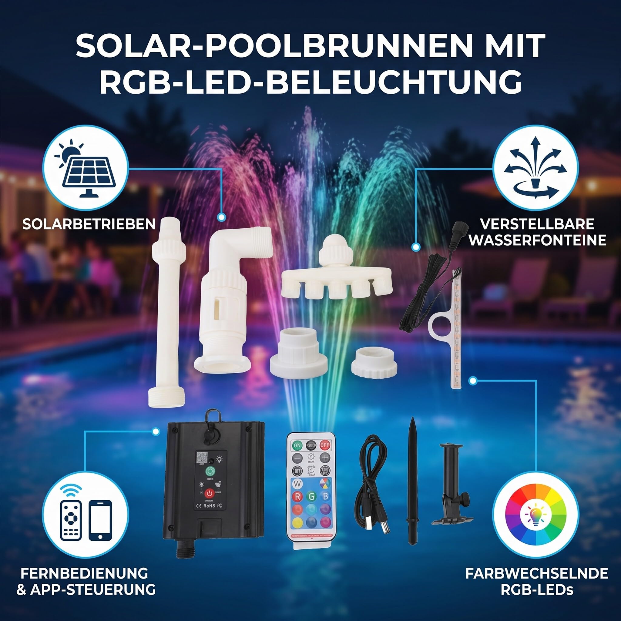 Cocoarm Pool Fontäne Solar betrieben LED RGB, mit Fernbedienung & APP, einstellbare Sprühhöhe 0,5-3m, 1200mAh Akku, für Schwimmbad Unterwasser Teich Dekoration