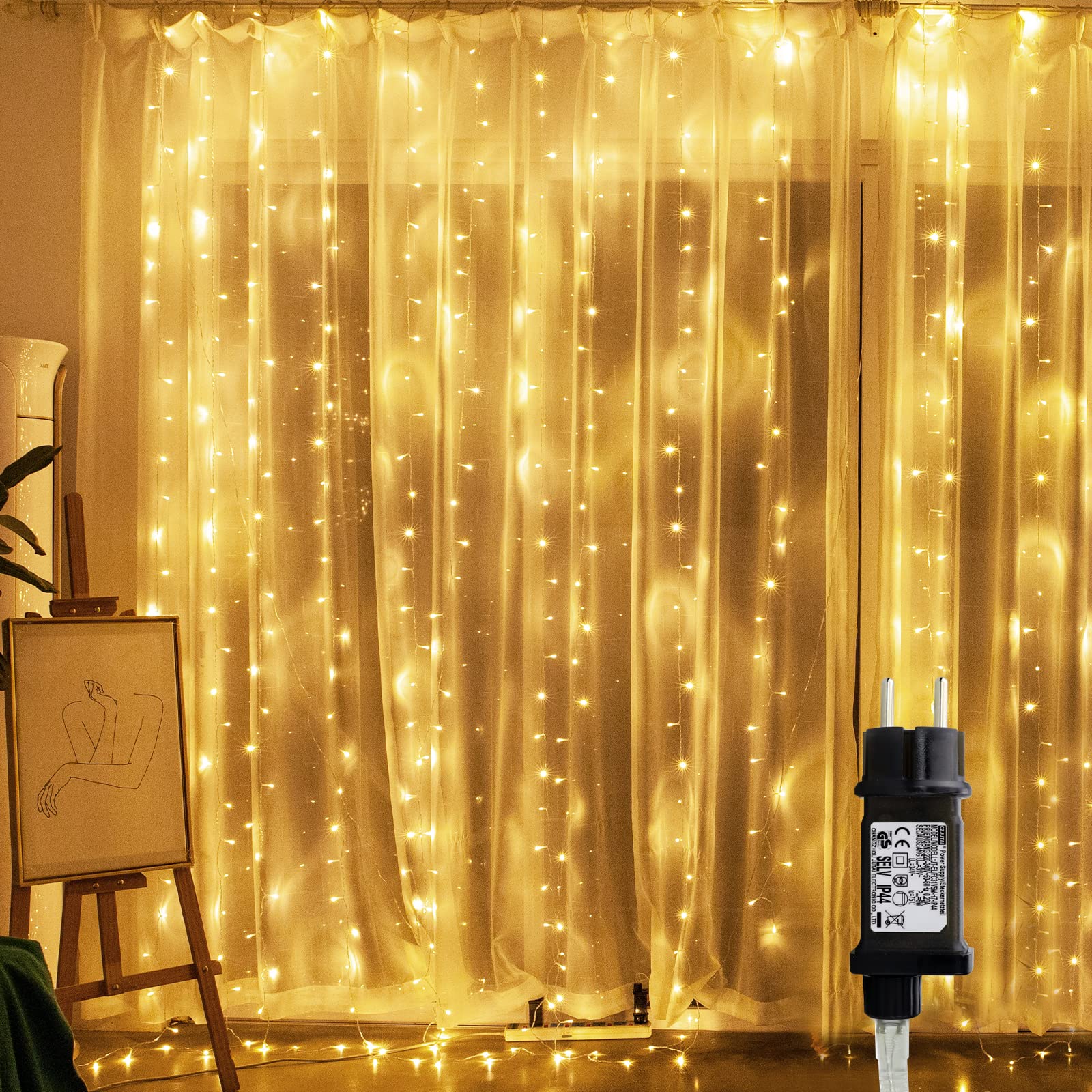 TOFU Cortina de Luces, 3x3M 300LEDs Guirnaldas Luminosas Equipado con Enchufe de Alimentación, IP44, Luces Navidad con 8 Modos de Luz, Fiesta, Dormitorio, Decoración Navideña (Blanco cálido)