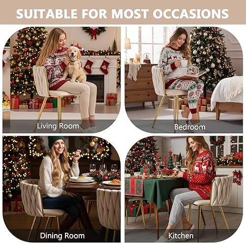 Miniatura 8 de Kiztir Juego de 4 sillas de comedor de terciopelo modernas tapizadas con respaldo tejido y patas de metal dorado para sala de estar, dormitorio,