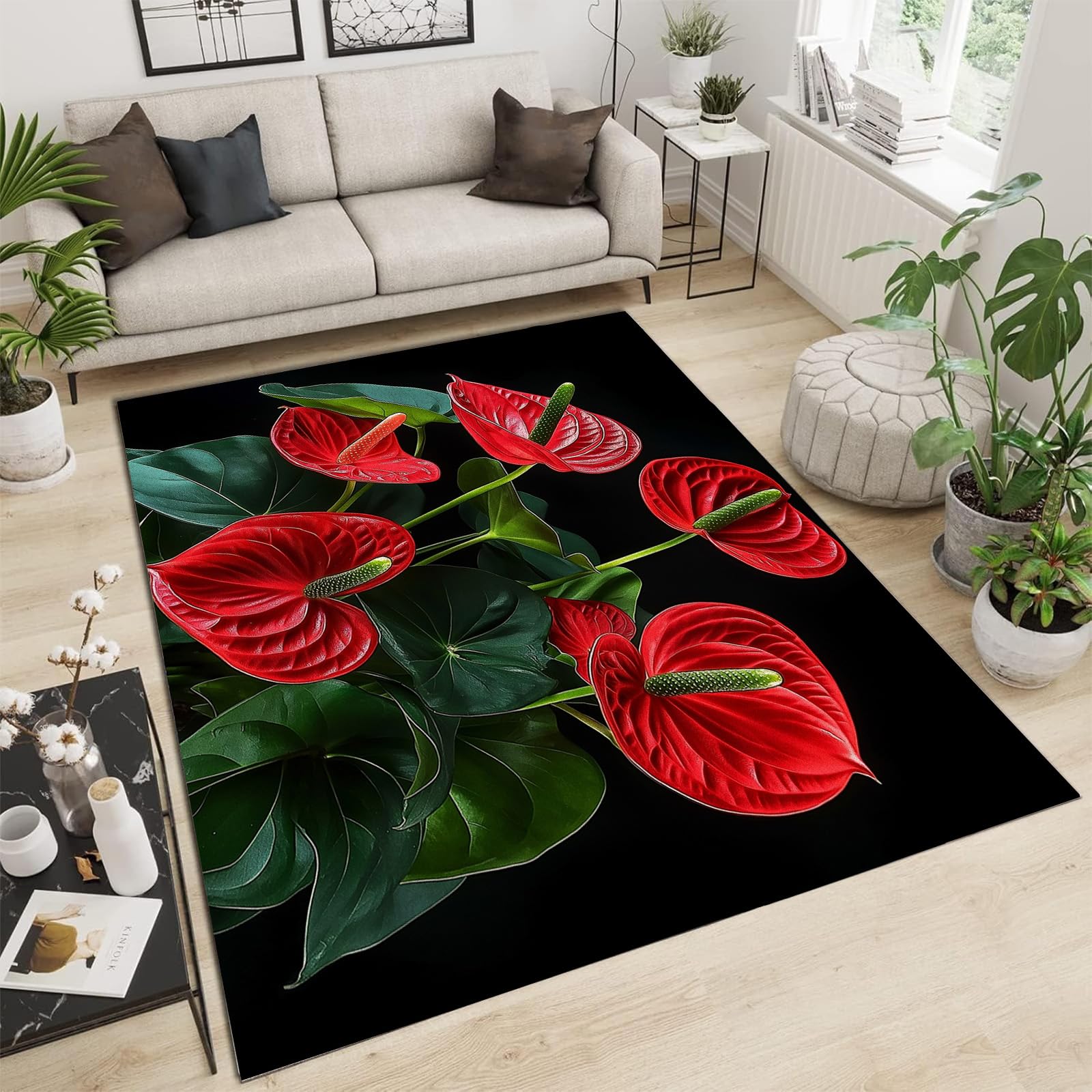 Tapis moderne anthurium 3D lavable vert 90x150 cm pour bureau