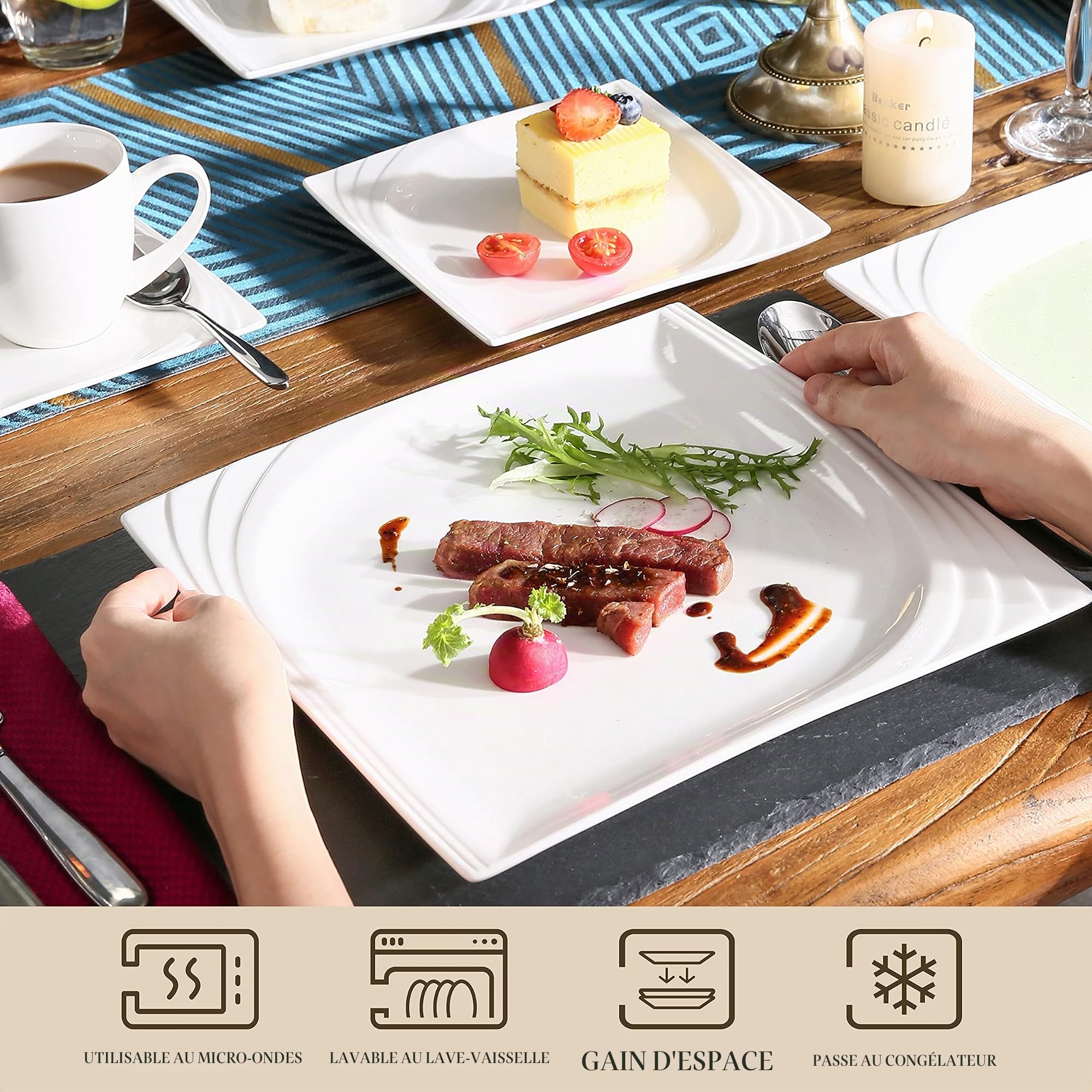 MALACASA Service de table carré en porcelaine 30 pièces pour 6 personnes avec 6 tasses, 6 assiettes, 6 assiettes à dessert, 6 assiettes creuses, 6 assiettes plates, collection Monica