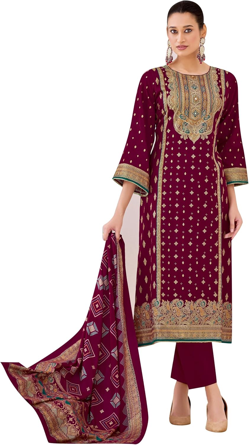 ladyline Womens Jam Cotton Silk Salwar Kameez with Gold Foil Printed, Saroski Stone, Lace & Silk Dupatta – 3 Piece Suit Set