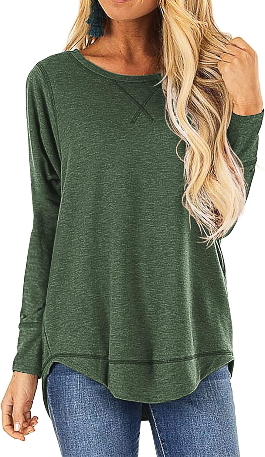 HIYIYEZI Fall Tops for Women Long Sleeve Side Split Casual Loose Tunic Top