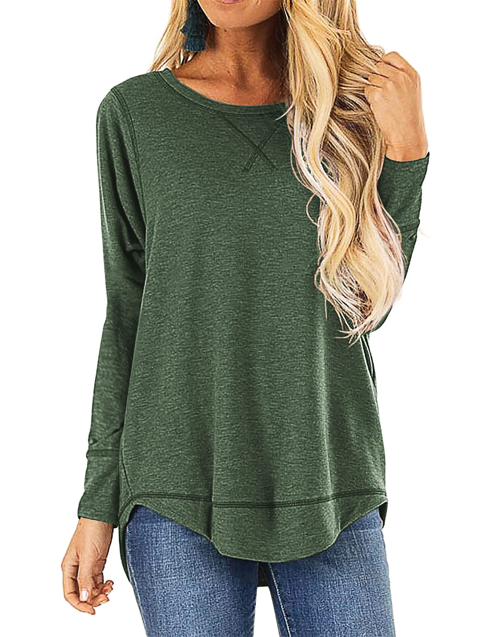 HIYIYEZI Fall Tops for Women Long Sleeve Side Split Casual Loose Tunic Top