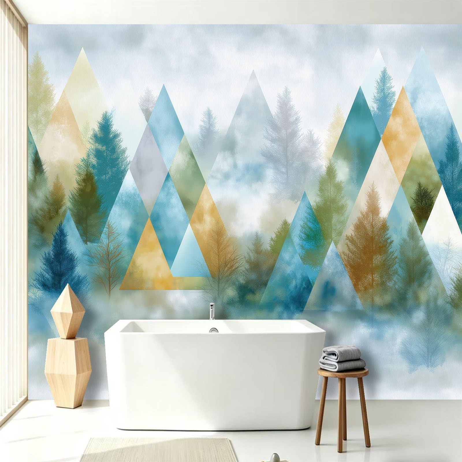 Générique Trójkątna tapeta las mgła gruba 350 x 256 cm plakat na ścianę olbrzymi 3D, skandynawski minimalistyczny ścienny, tapeta z włókniny freskowej do salonu, sypialni i kuchni