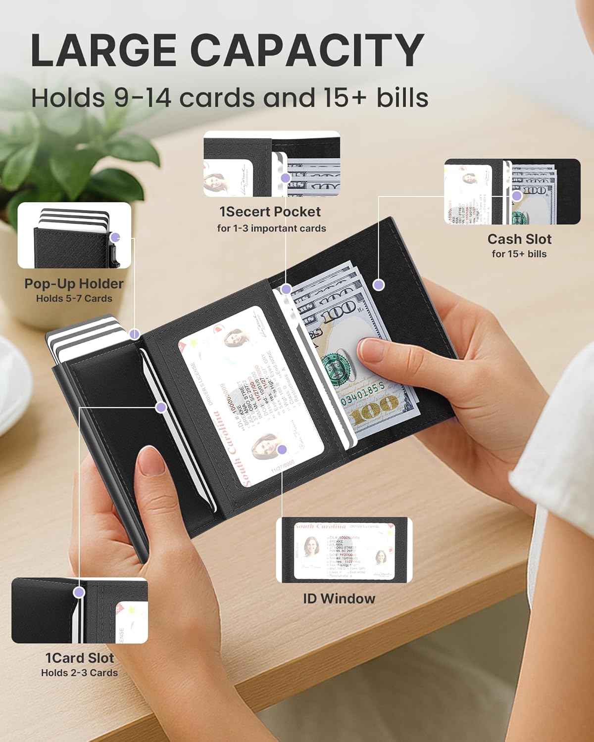 typecase Womens Wallet Card Holder: Pop Up Card Case, Genuine Leather, RFID Blocking, Slim, Minimalist, Thin, Small Size - 9-14 Card Capacitiy, ID Window, Cash Pocket (Black) - Image 3