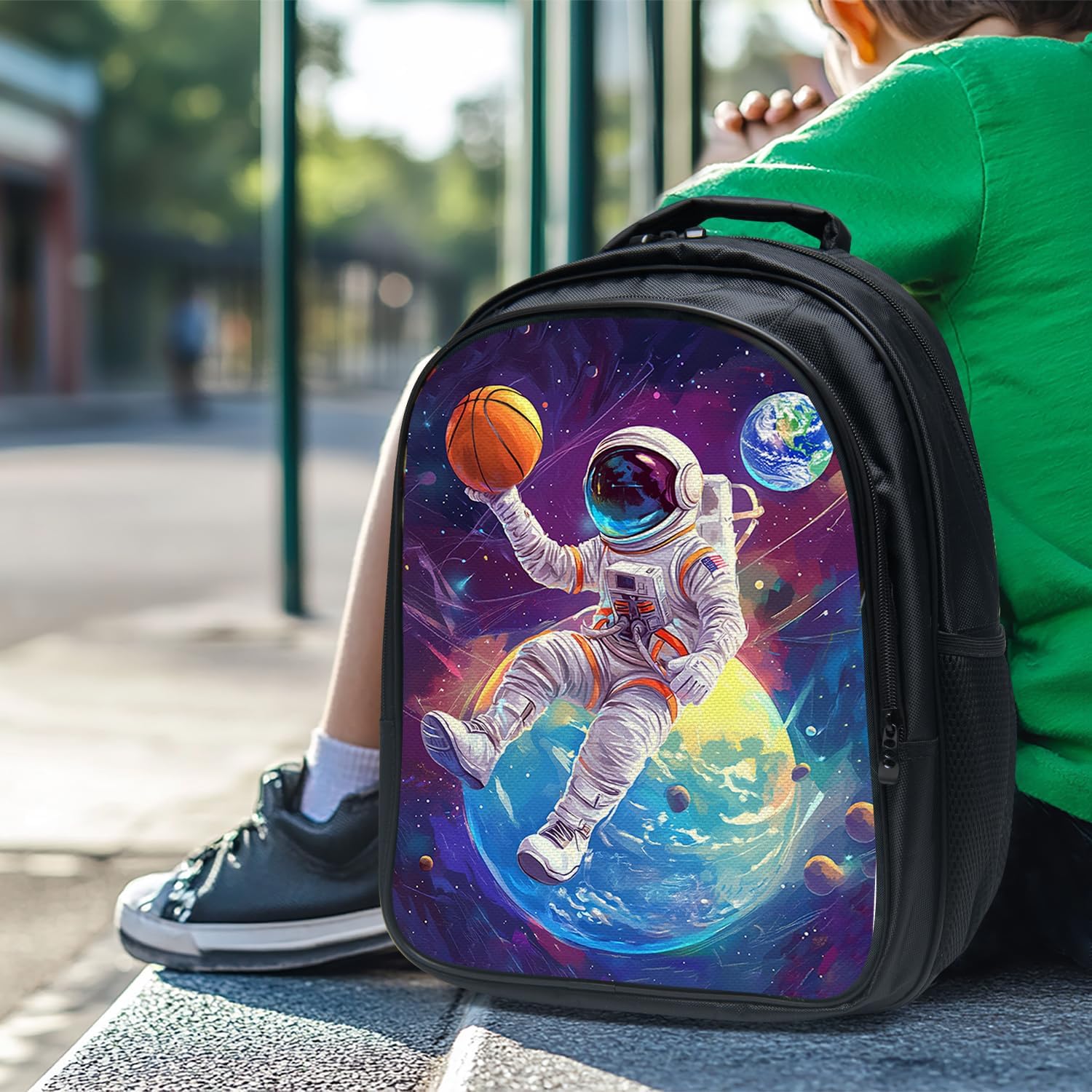 Astronaut Backpack Funny Spaceman Basketball School Bag 3PCS Backpack 16 Inch Set with Lunch Bag Pencil Case Lightweight for Teen Boys Girls Kids Elementary Middle School