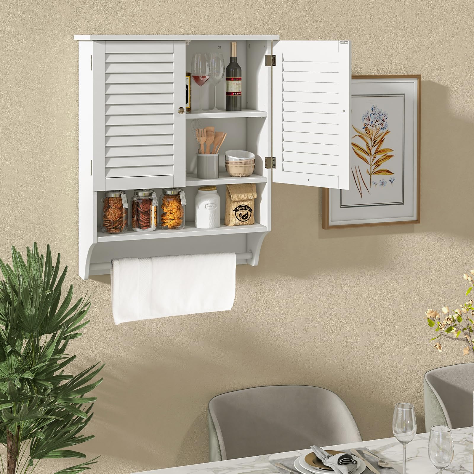 LIFEZEAL Armario de Baño de Pared con Toallero (Blanco) | Mueble de Almacenamiento de Baño de 2 Puertas y 3 Estantes, Madera, Ahorra Espacio, Ajustable, Max 30kg, 60x22x75 cm