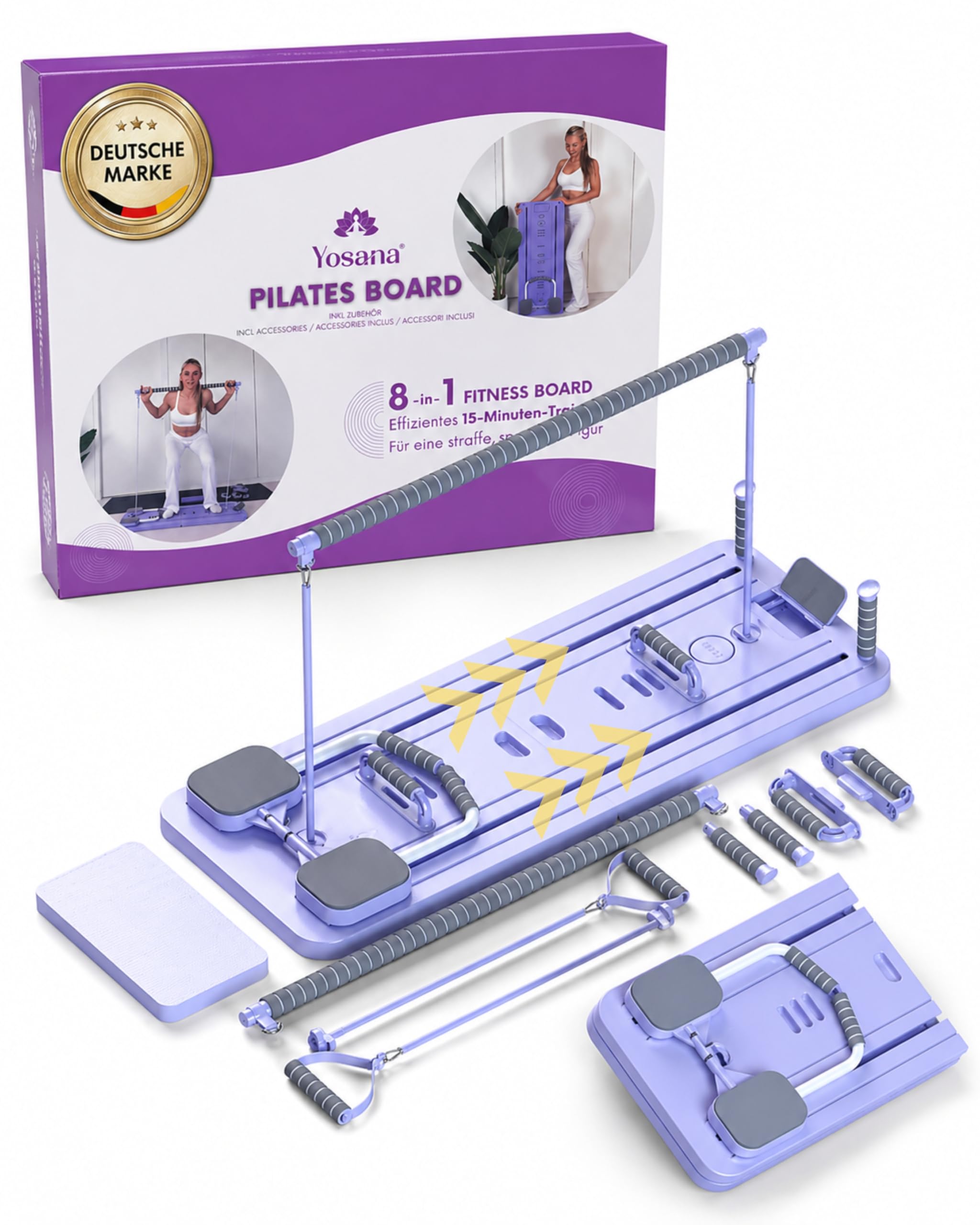Yosana Planche de Pilates I Reformer pour la maison I Planche de fitness 8 en 1 pliable et portable I Entraîneur abdominal avec coussin pour genoux, bandes de résistance et barre de Pilates I Design
