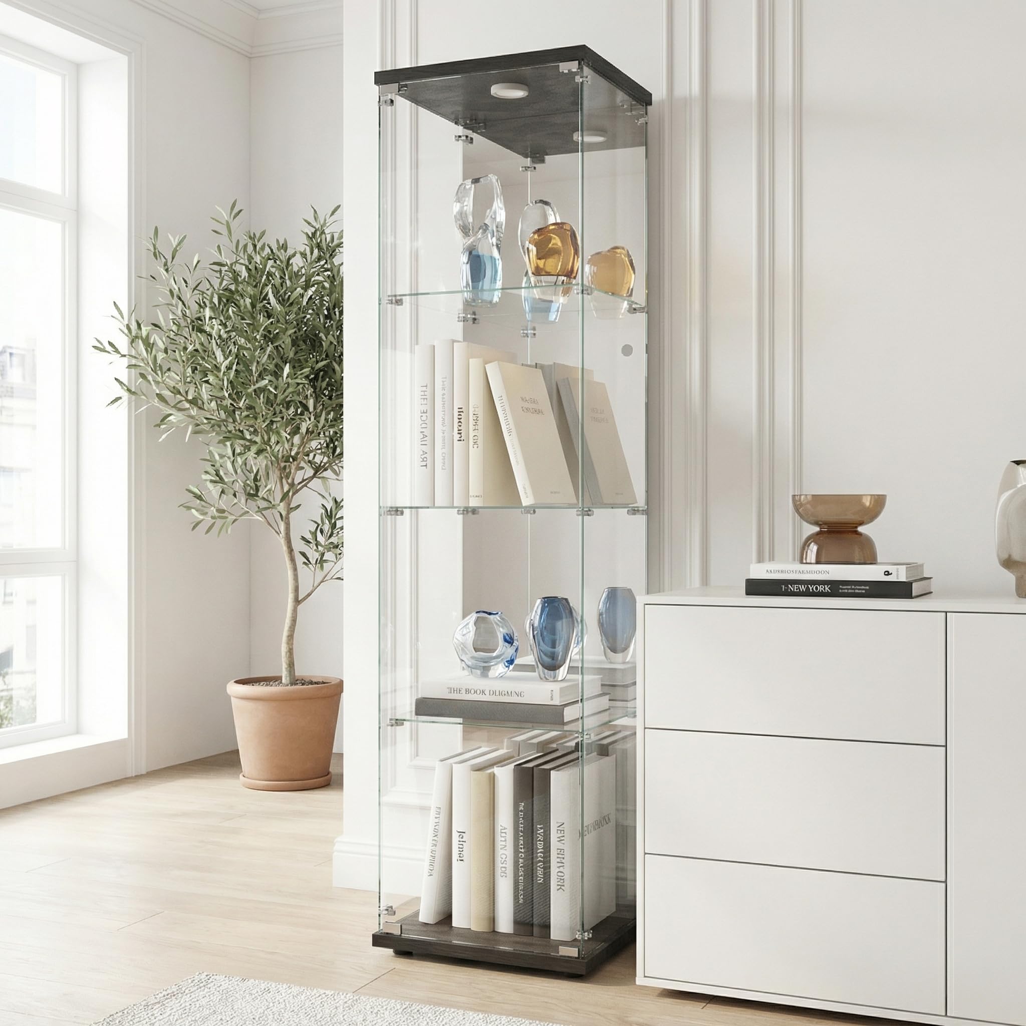 Vetrina Espositiva con LED,Vetrina in Vetro con Serratura,4 Ripiani,Vetro Specchio,Glass Display Cabinet,Vetrina Espositiva per Collezionismo,Per Camera da Letto,Soggiorno e Ufficio, Nero