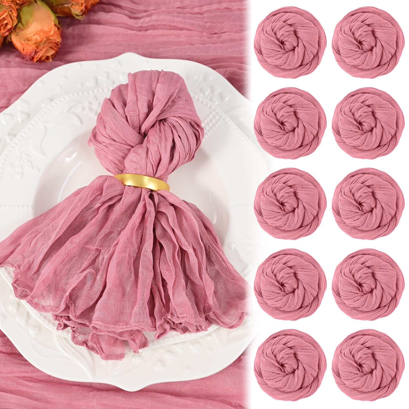 10 Pack Dusty Rose Cheesecloth Napkins 50x50CM Boho Washable Cloth Napkins Set of 10 Wrinkled Cheese Cloth Napkins Gauze Dinner Table Napkin for Wedding Party Baby Shower Birthday Decor